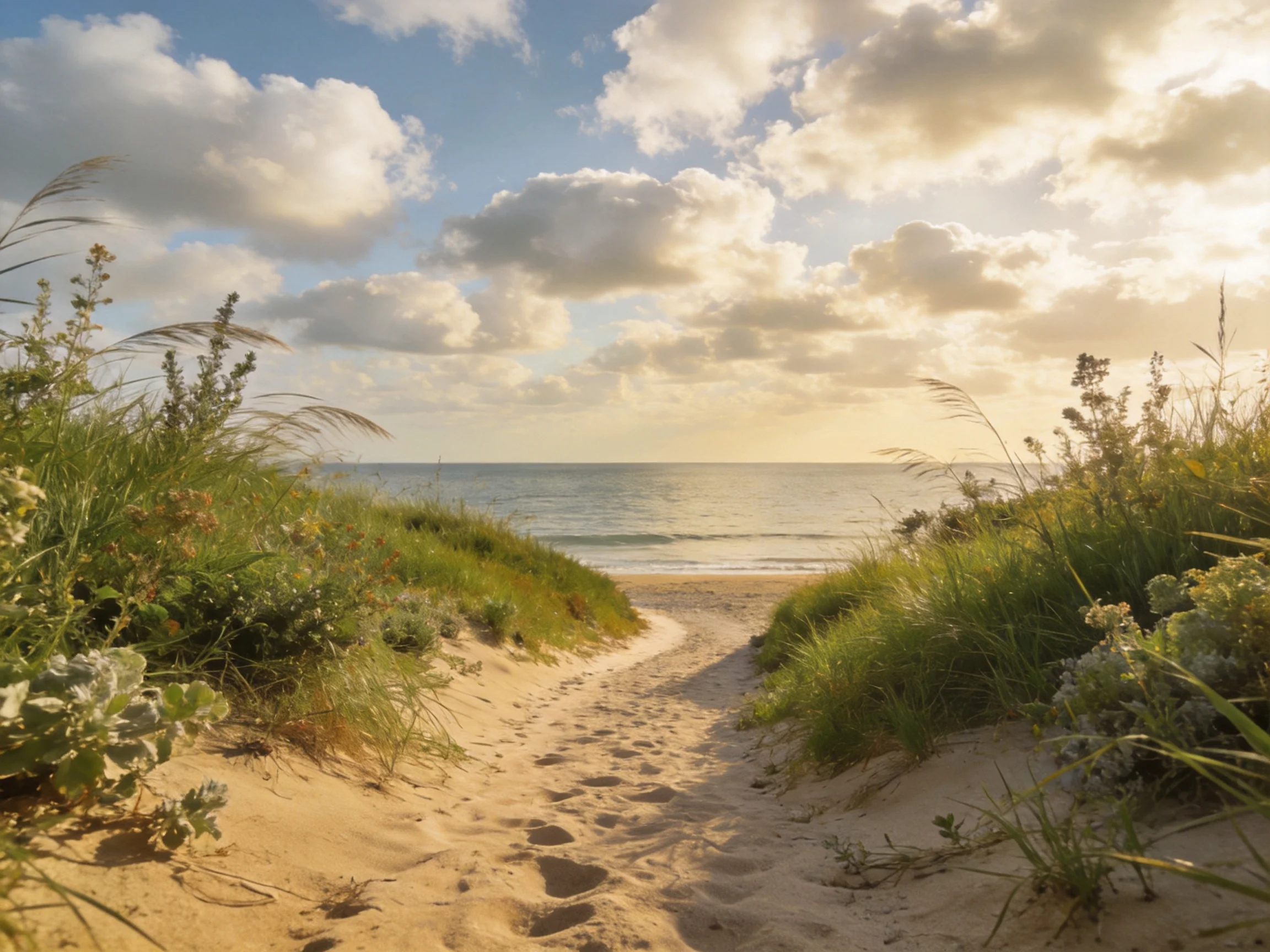 A sandy coastal path leads to calm waters with lush vegetation and clouds