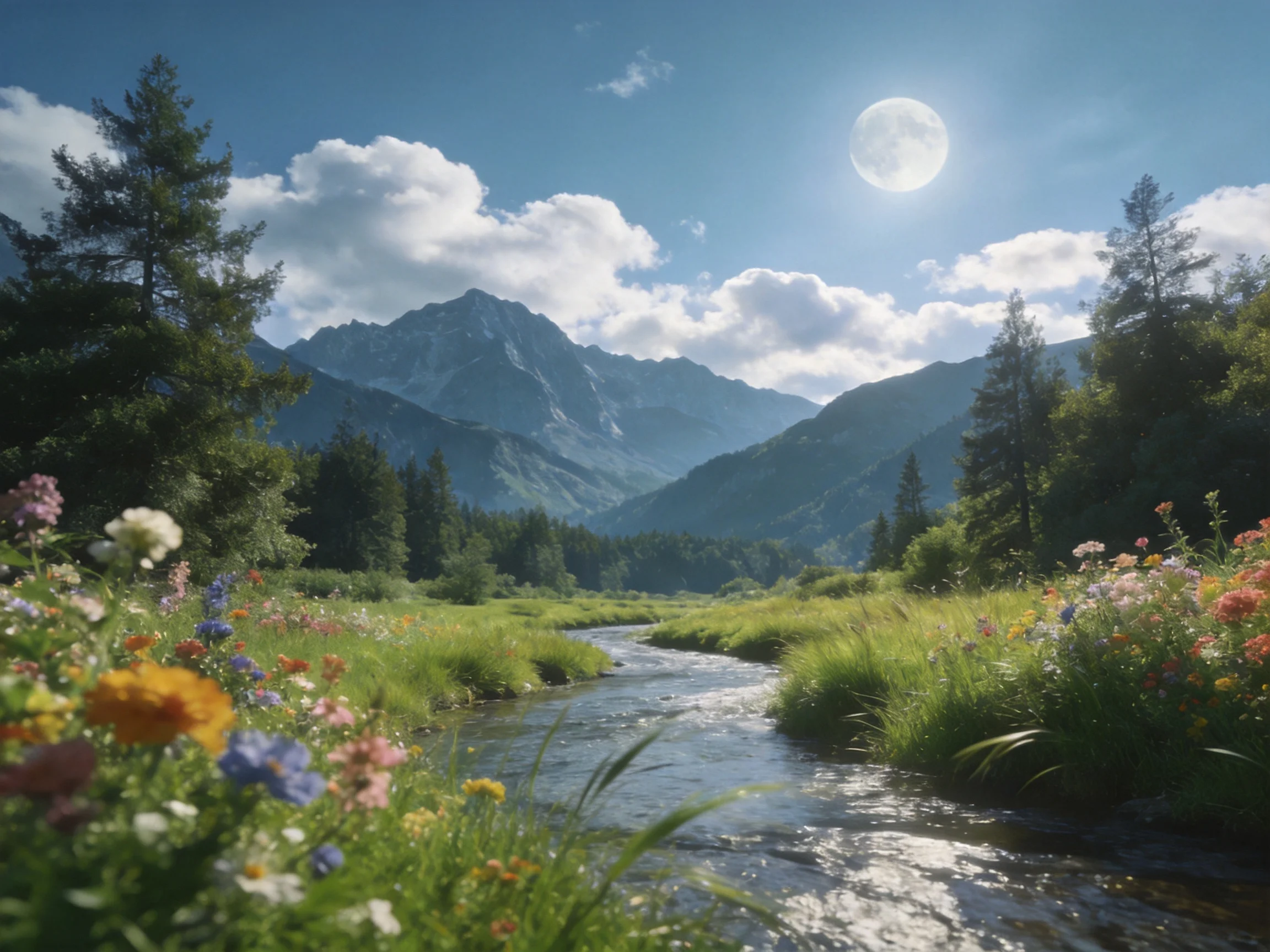 A scenic landscape with a winding stream, colorful wildflowers, mountains, sun, and moon