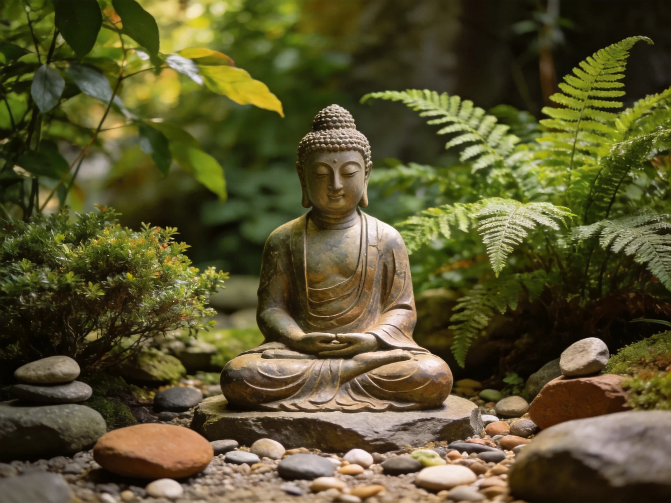 A serene bronze Buddha statue amid lush greenery and assorted stones
