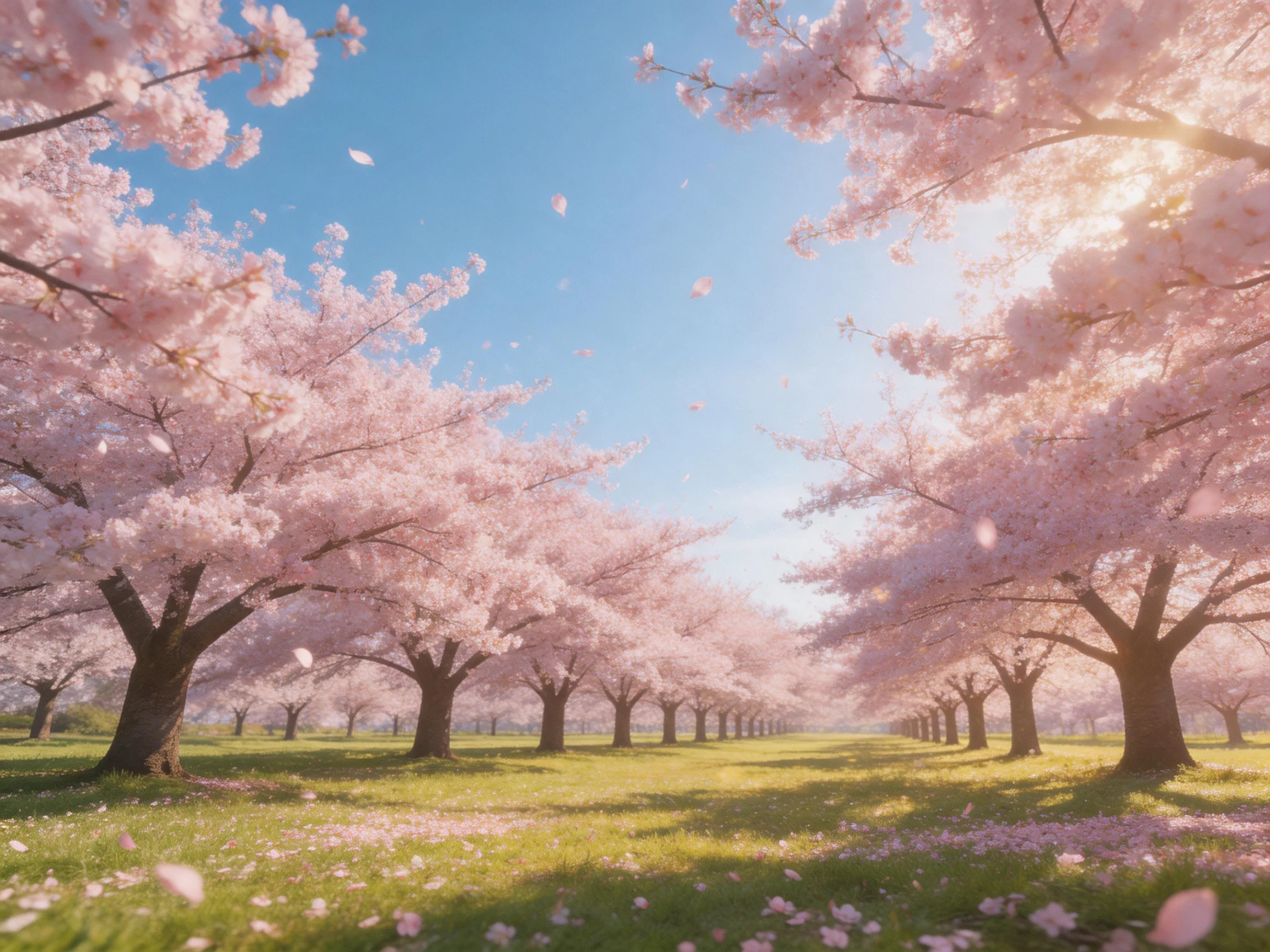 A serene cherry blossom grove with pink blooms and golden sunlight