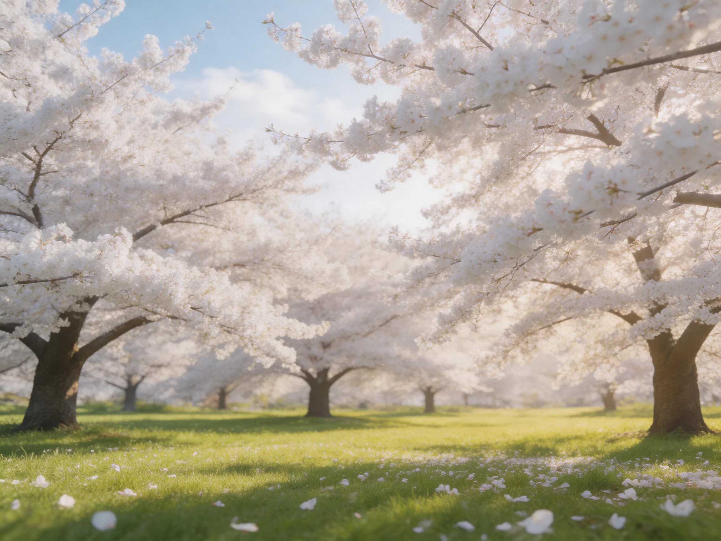 A serene field of blooming cherry blossom trees under soft sunlight