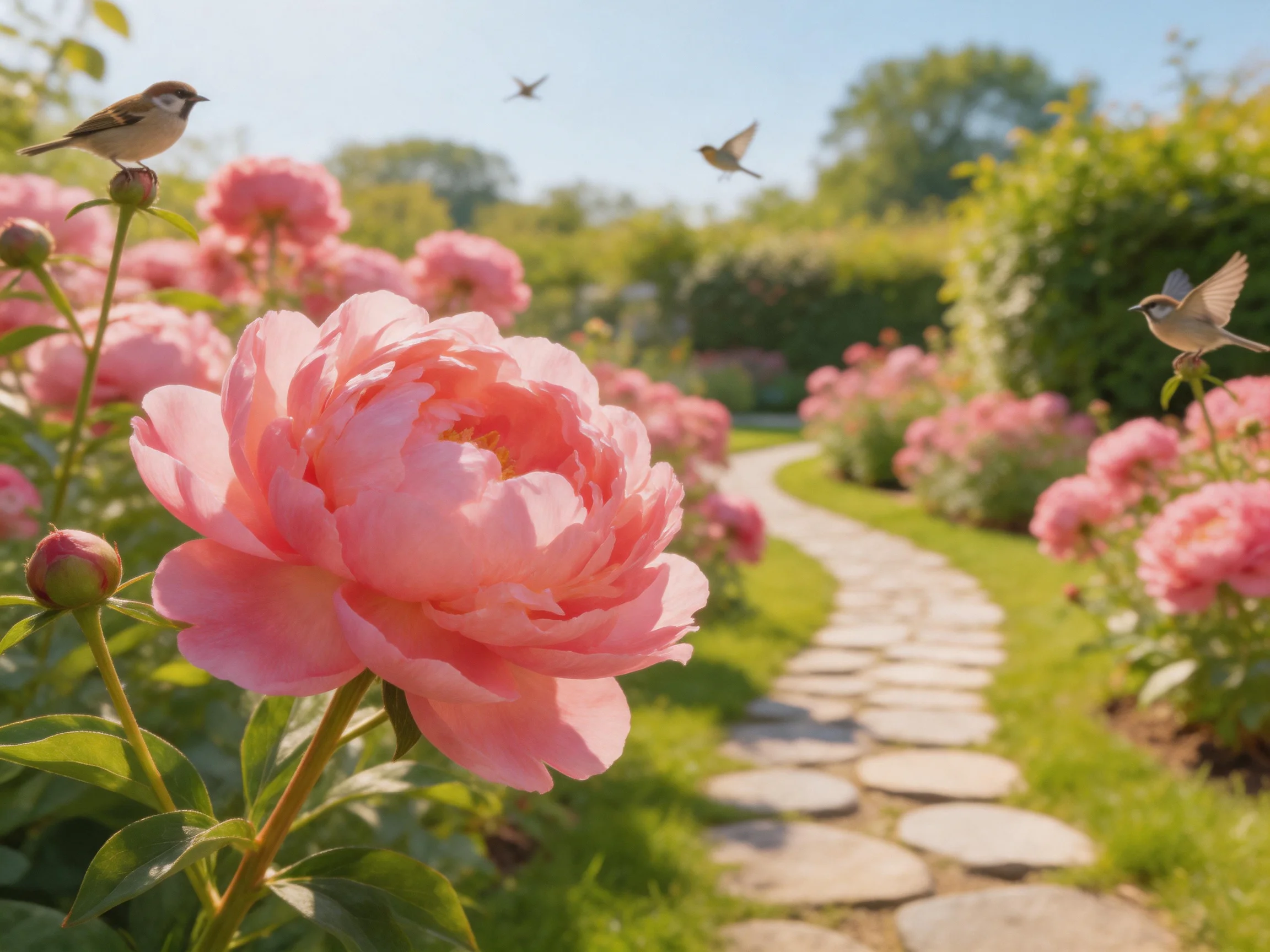 A serene garden with blooming pink peonies and small birds