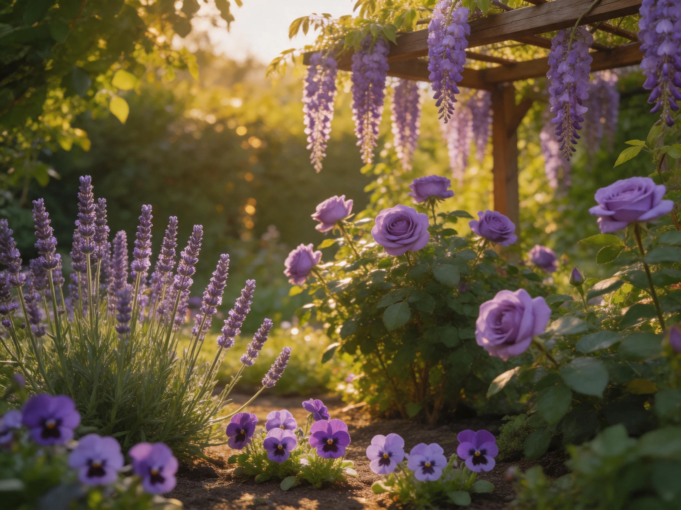 A serene garden with purple blooms, wooden trellis, and golden sunlight