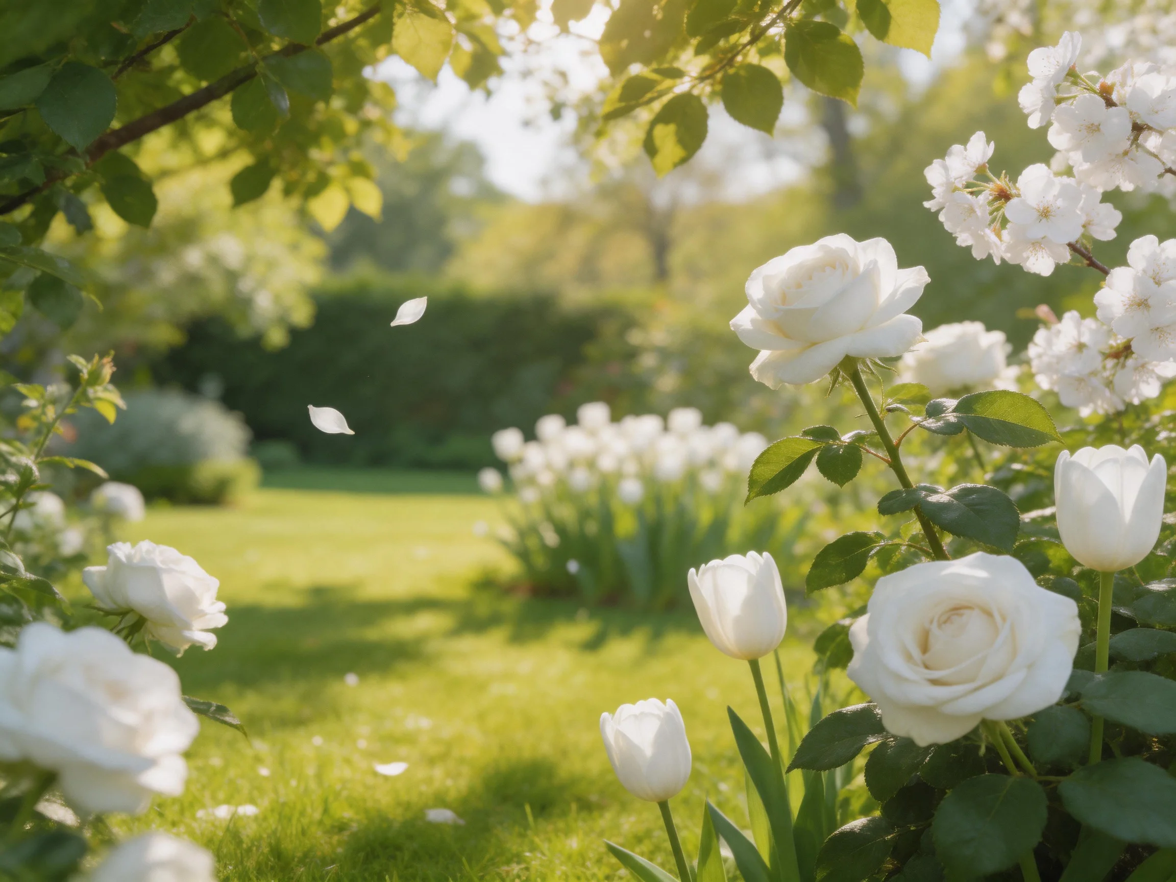 A serene garden with white roses, tulips, and lush greenery