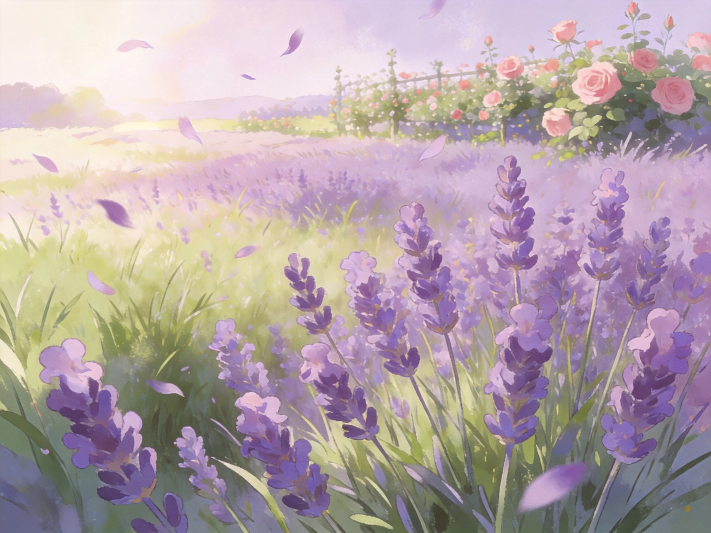 A serene lavender field with blooming rose bushes under soft morning light