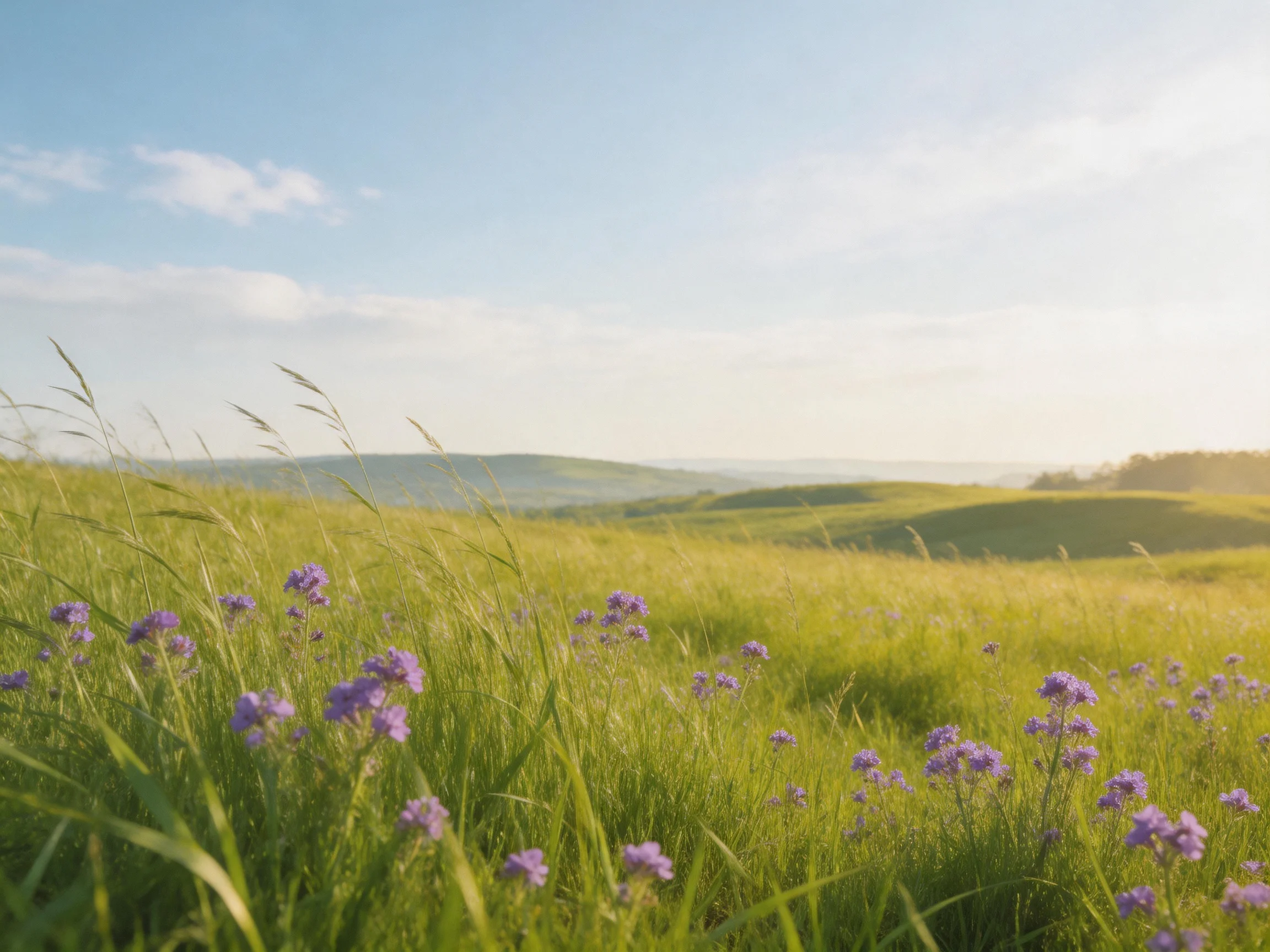 A serene meadow with purple wildflowers and rolling green hills