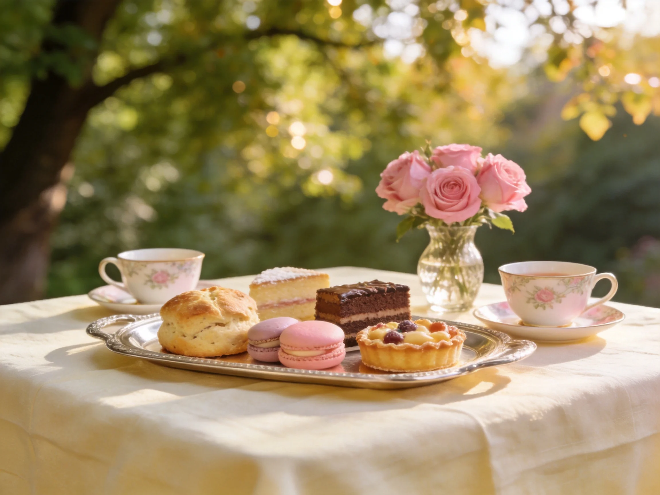 A serene outdoor tea spread with assorted pastries and pink roses