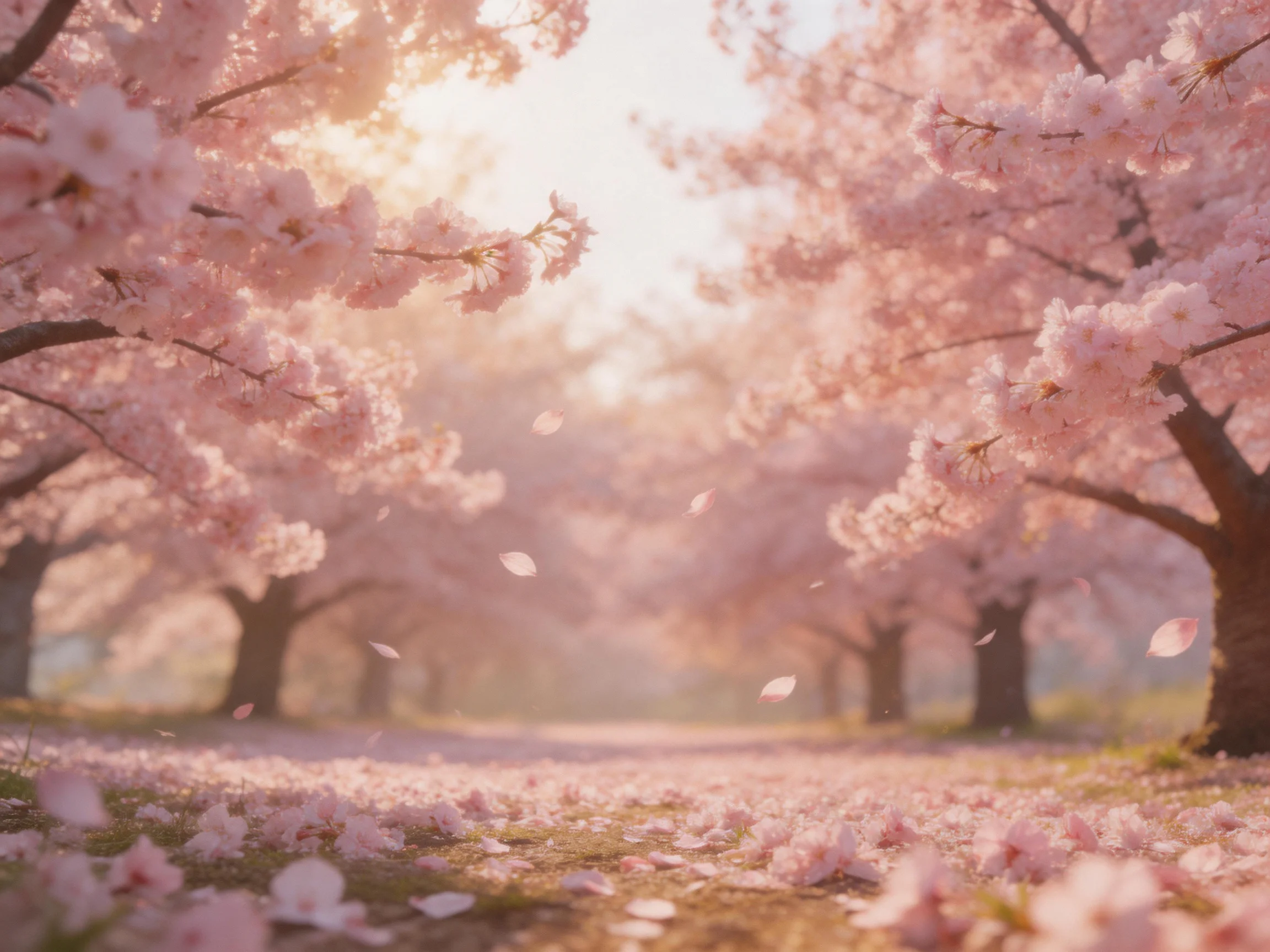 A serene pathway lined with blooming cherry blossom trees