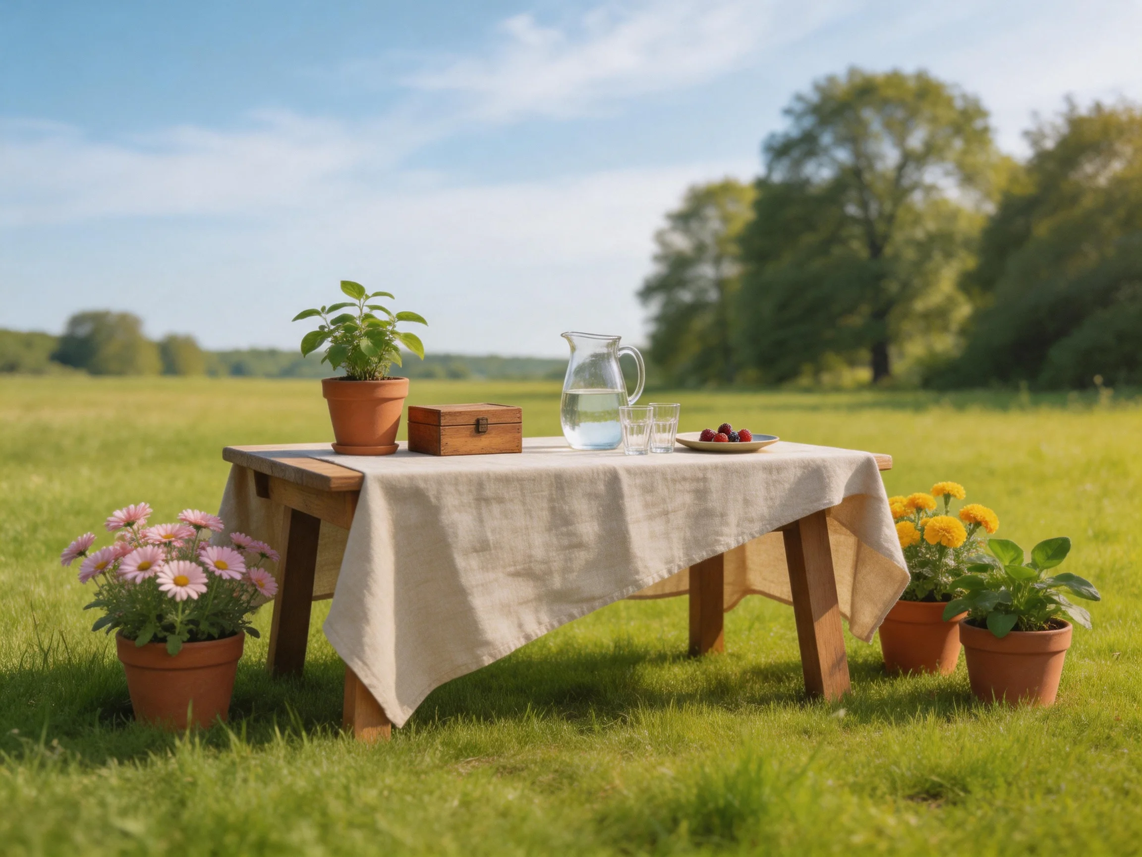 A serene picnic setup with potted plants and fresh fruit in an open field
