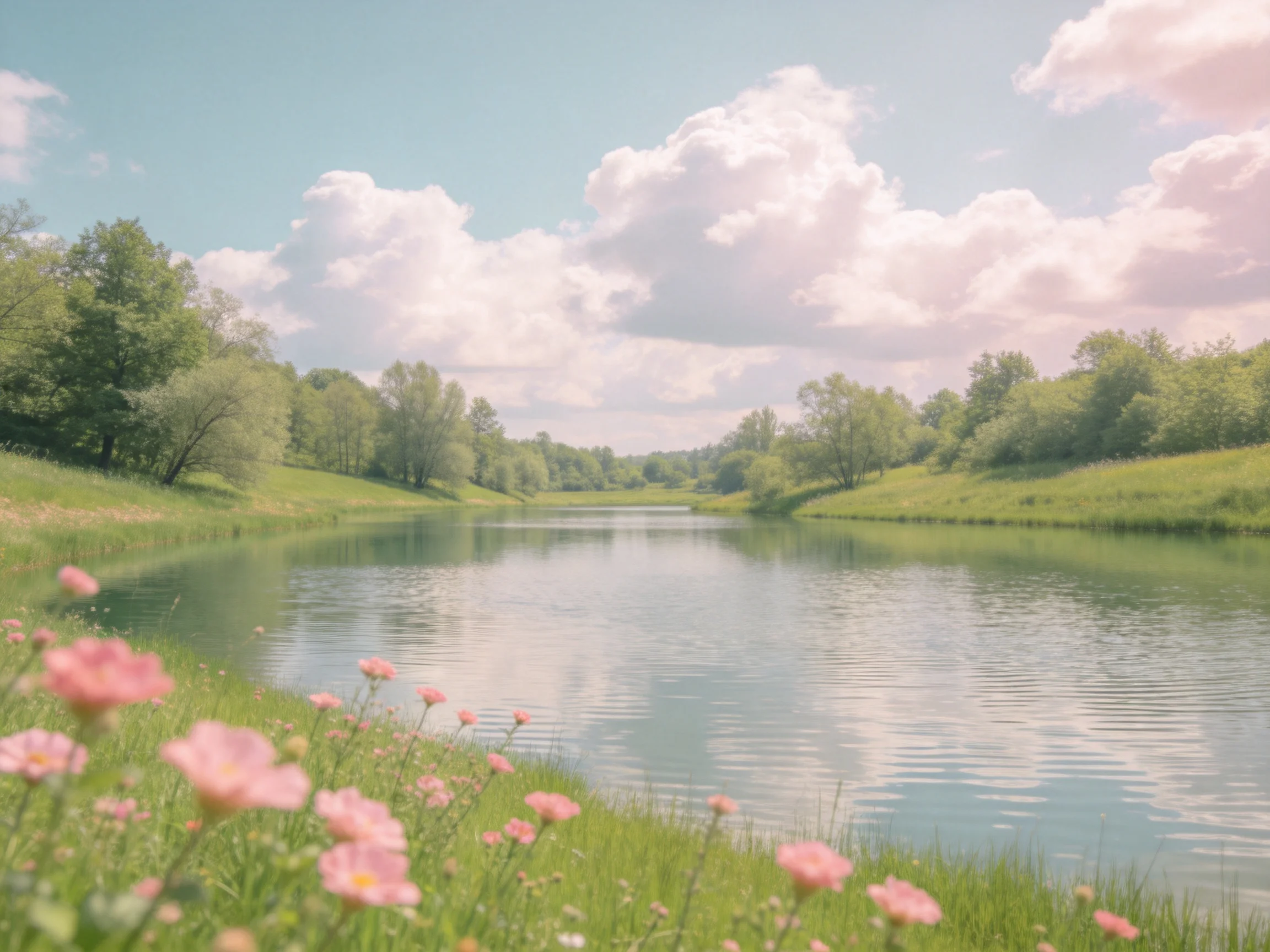 A serene river bordered by pink flowers and green trees under fluffy white clouds