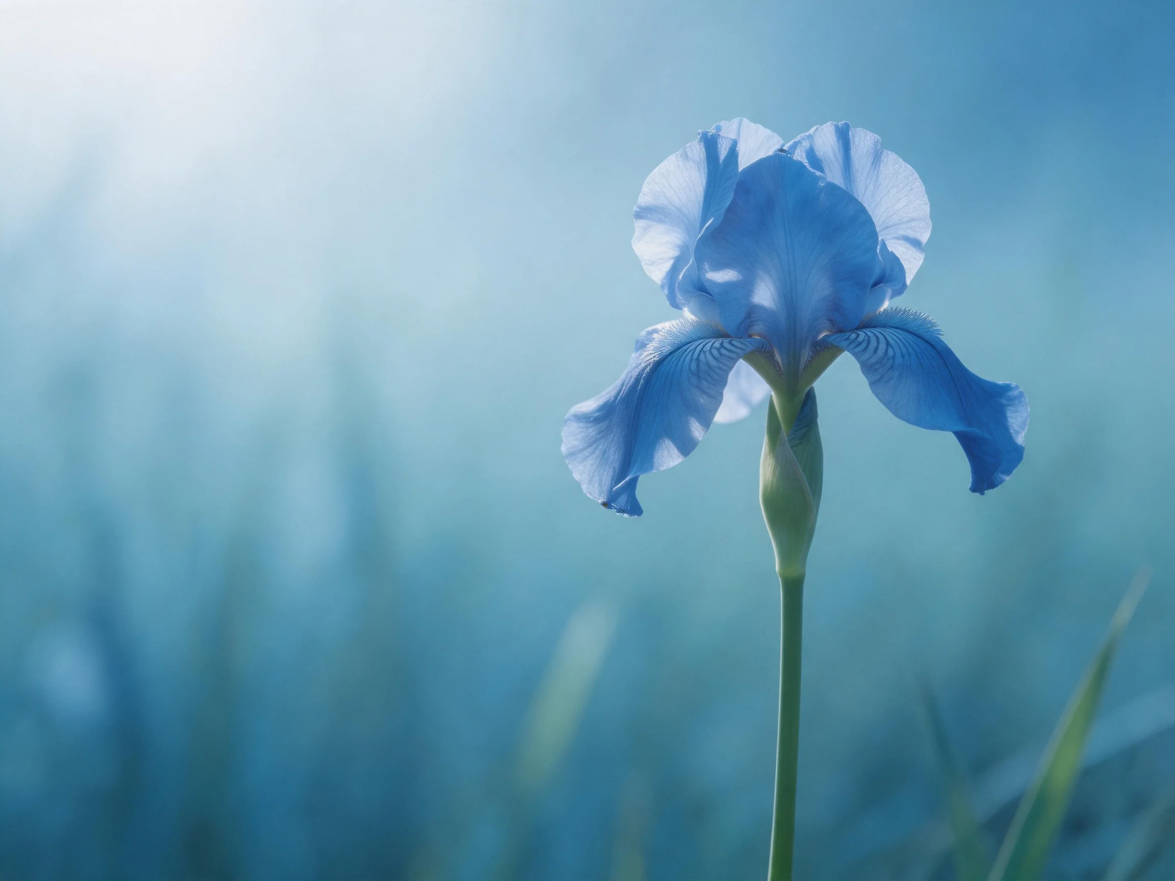 A single blue iris blooms in a misty blue landscape