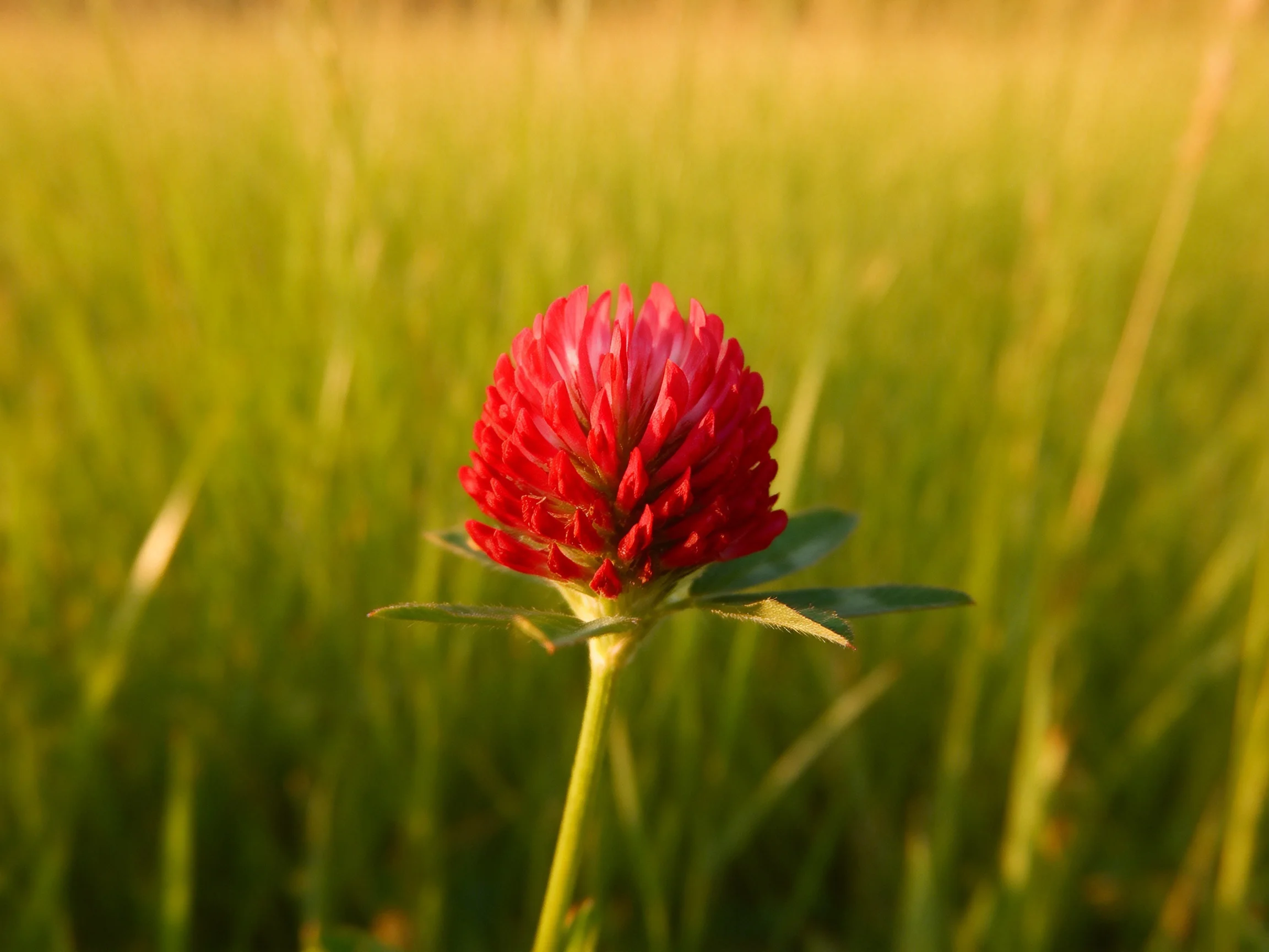 A single bright red clover flower stands out in a lush green meadow.