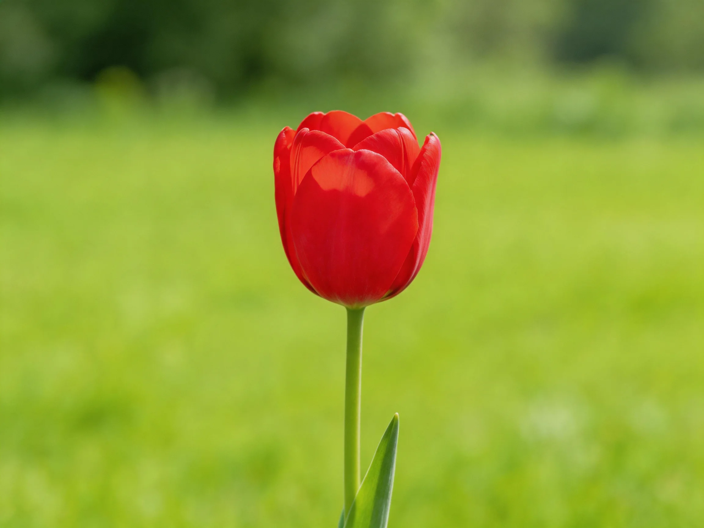 A single bright red tulip stands tall amid a lush green meadow