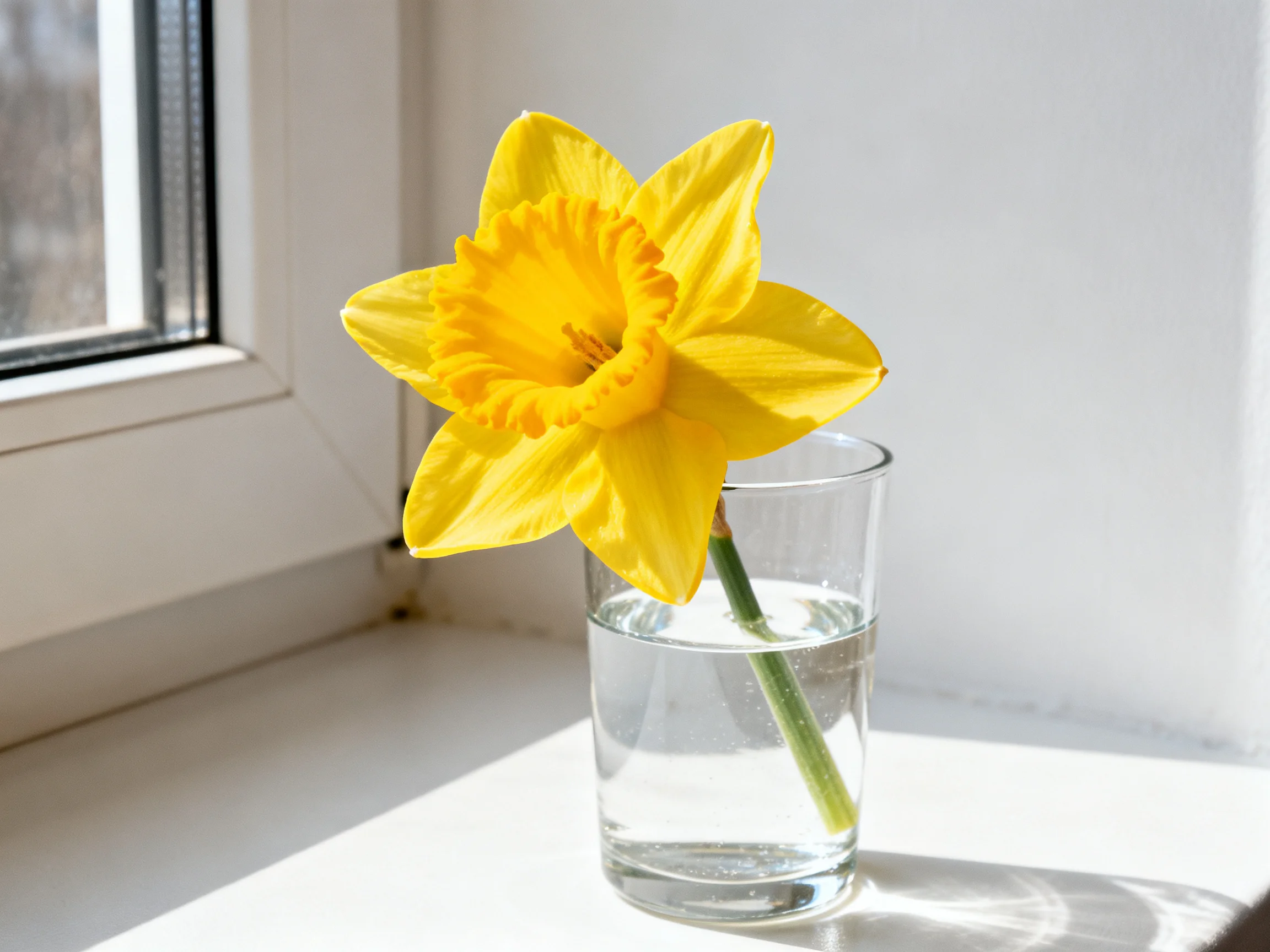 A single bright yellow daffodil in a clear glass of water by a window