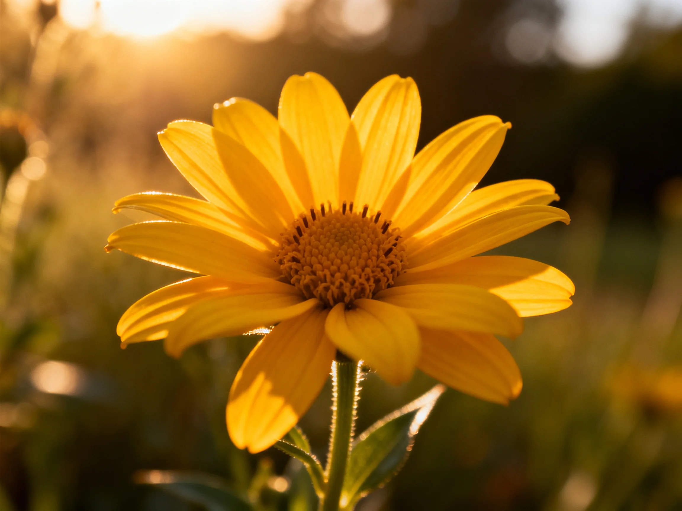 A single bright yellow flower illuminated by golden sunlight