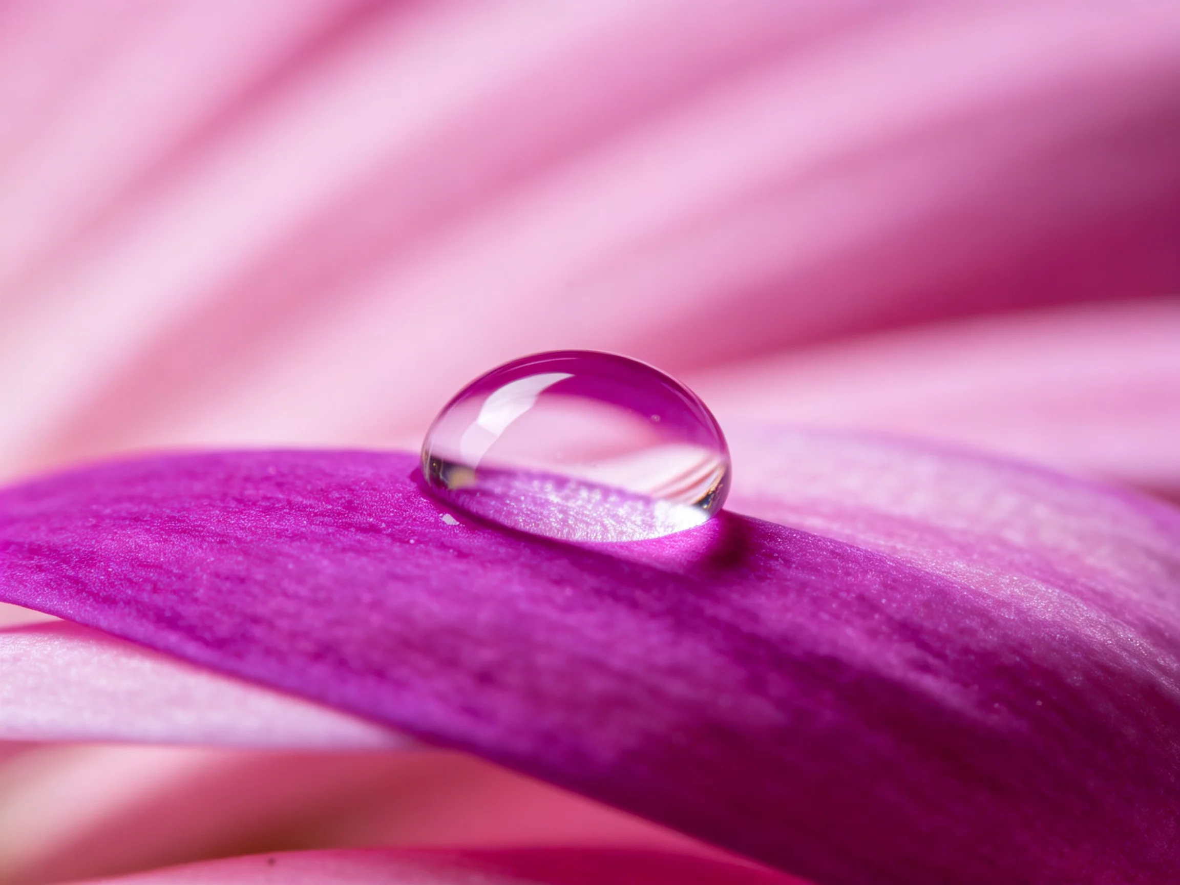 A single clear water droplet on a vibrant purple flower petal