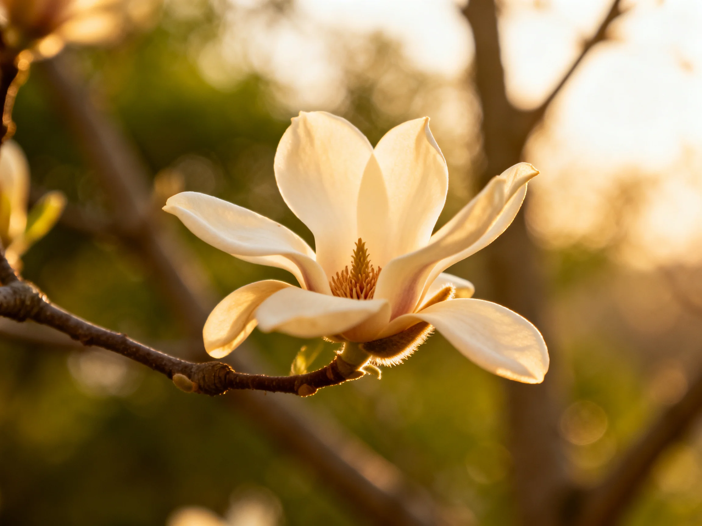A single creamy magnolia blooms on a dark brown branch under warm golden light