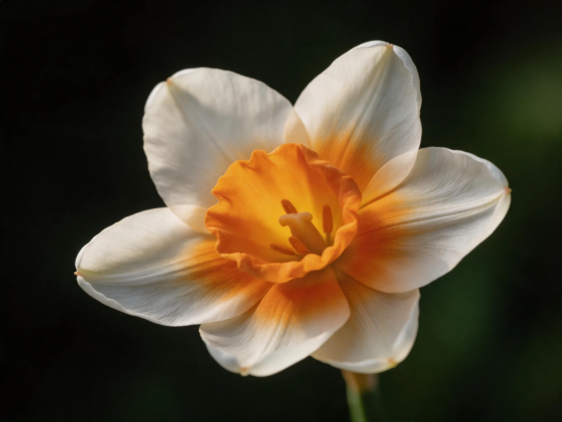 A single daffodil with creamy white petals and golden-orange center
