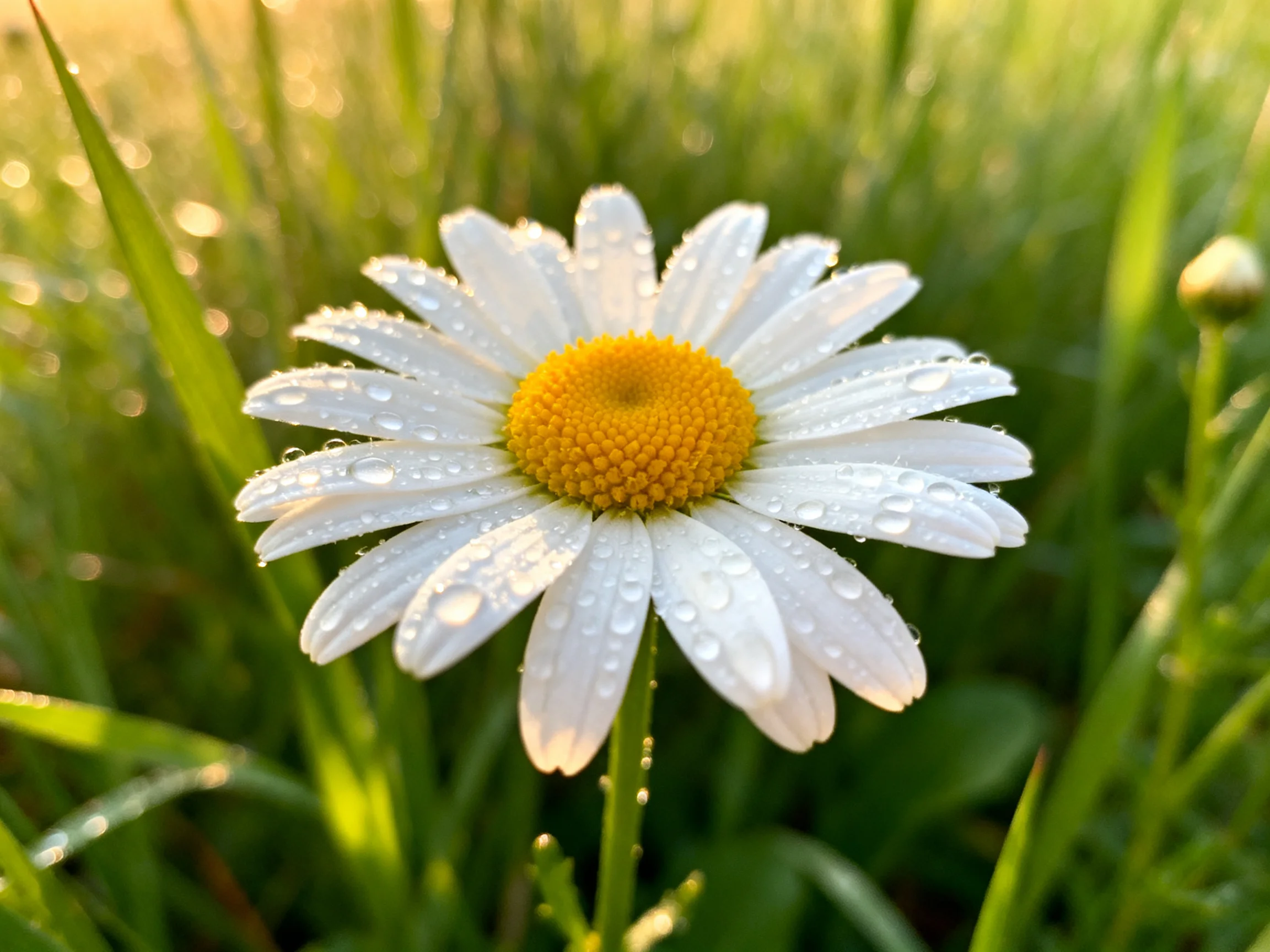 A single daisy with dew-covered white petals and golden center