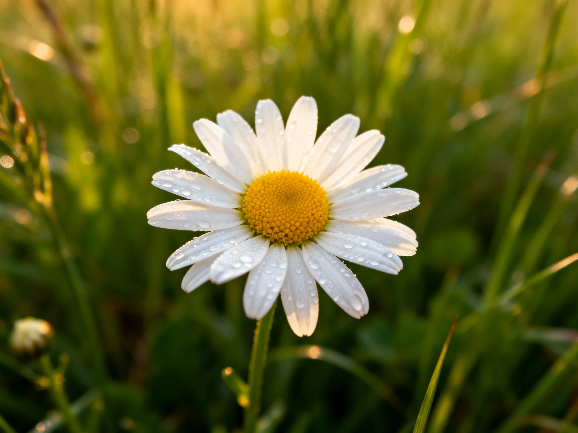 A single daisy with dew droplets in a sunlit meadow