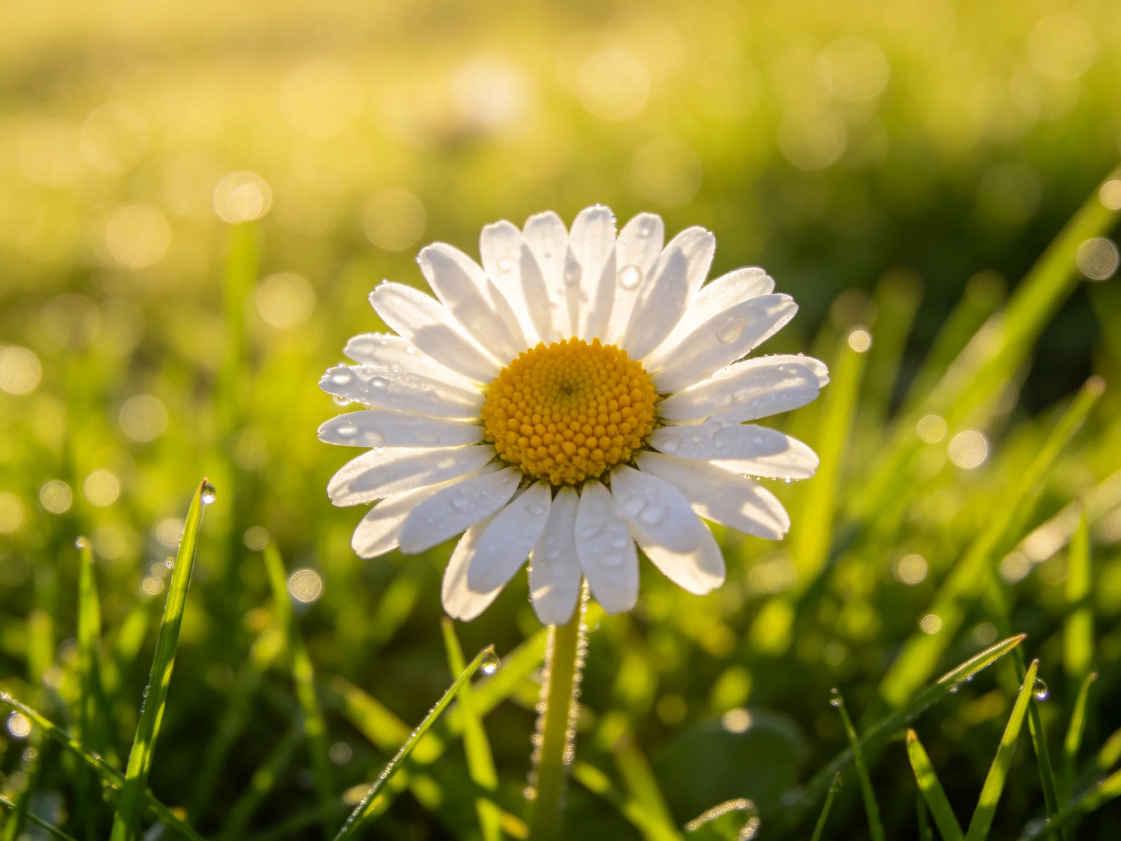 A single daisy with dew droplets in sunlit green grass