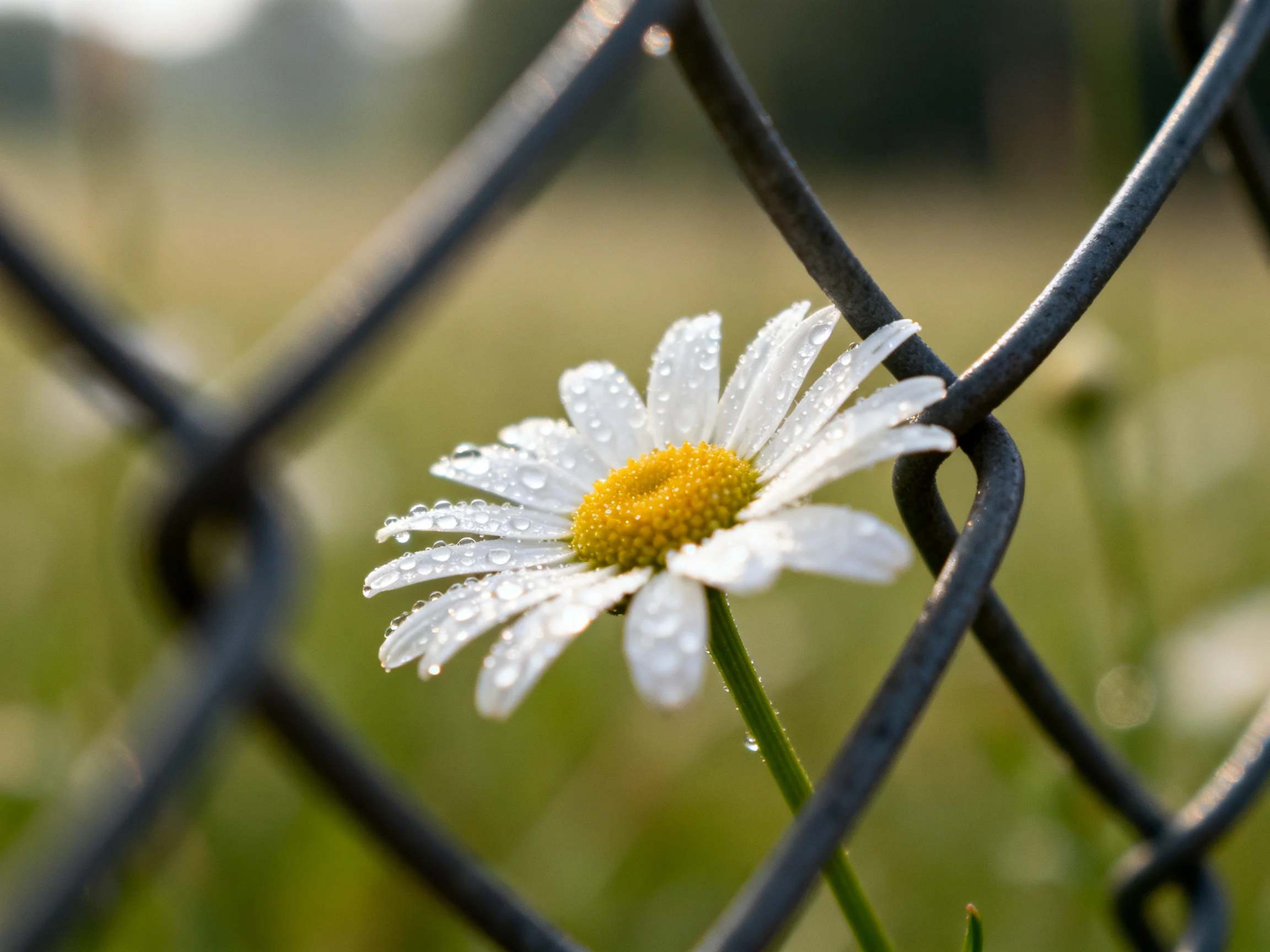 A single daisy with dew drops behind a chain-link fence
