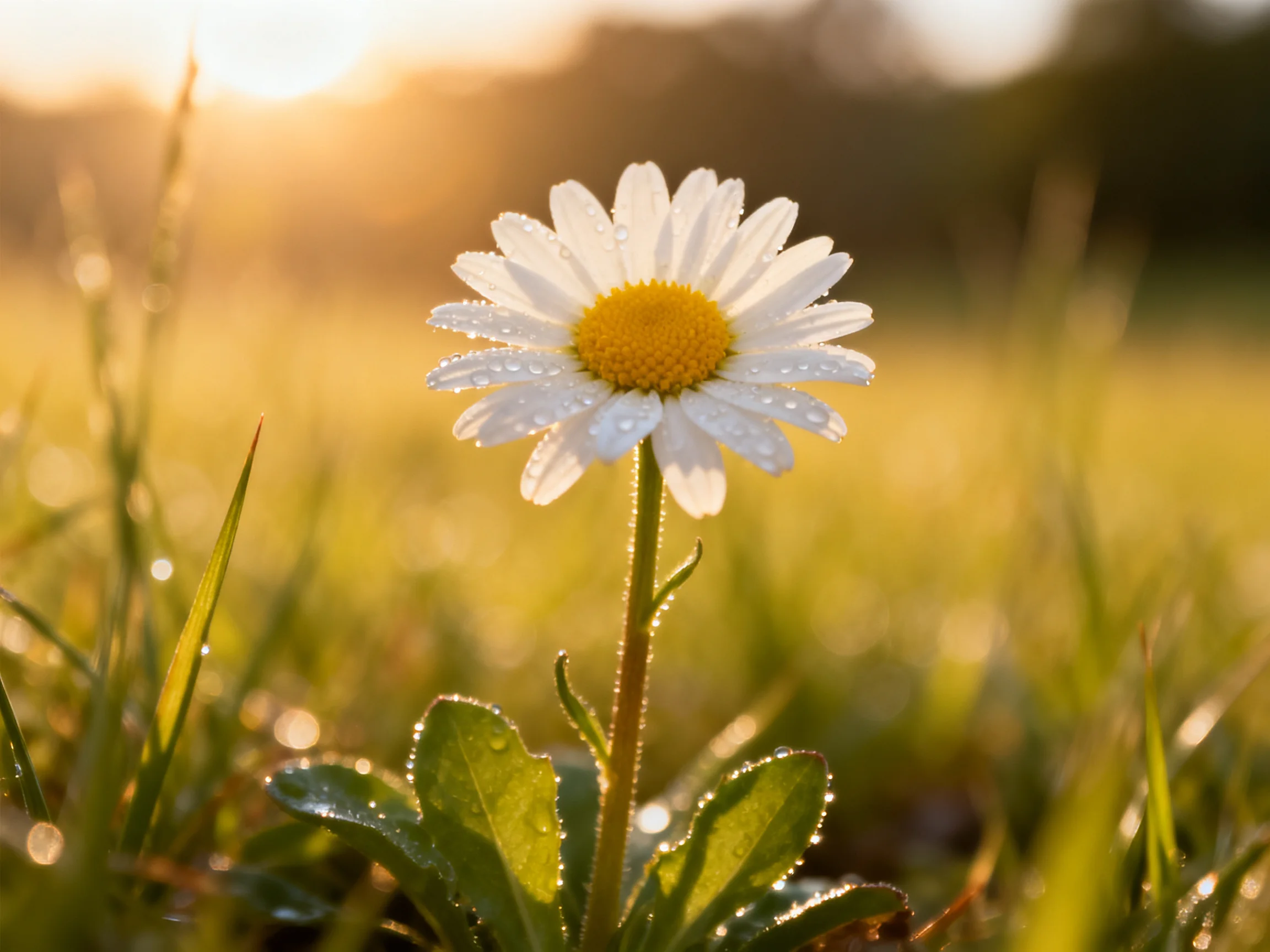 A single daisy with dew drops blooms in a sunlit meadow