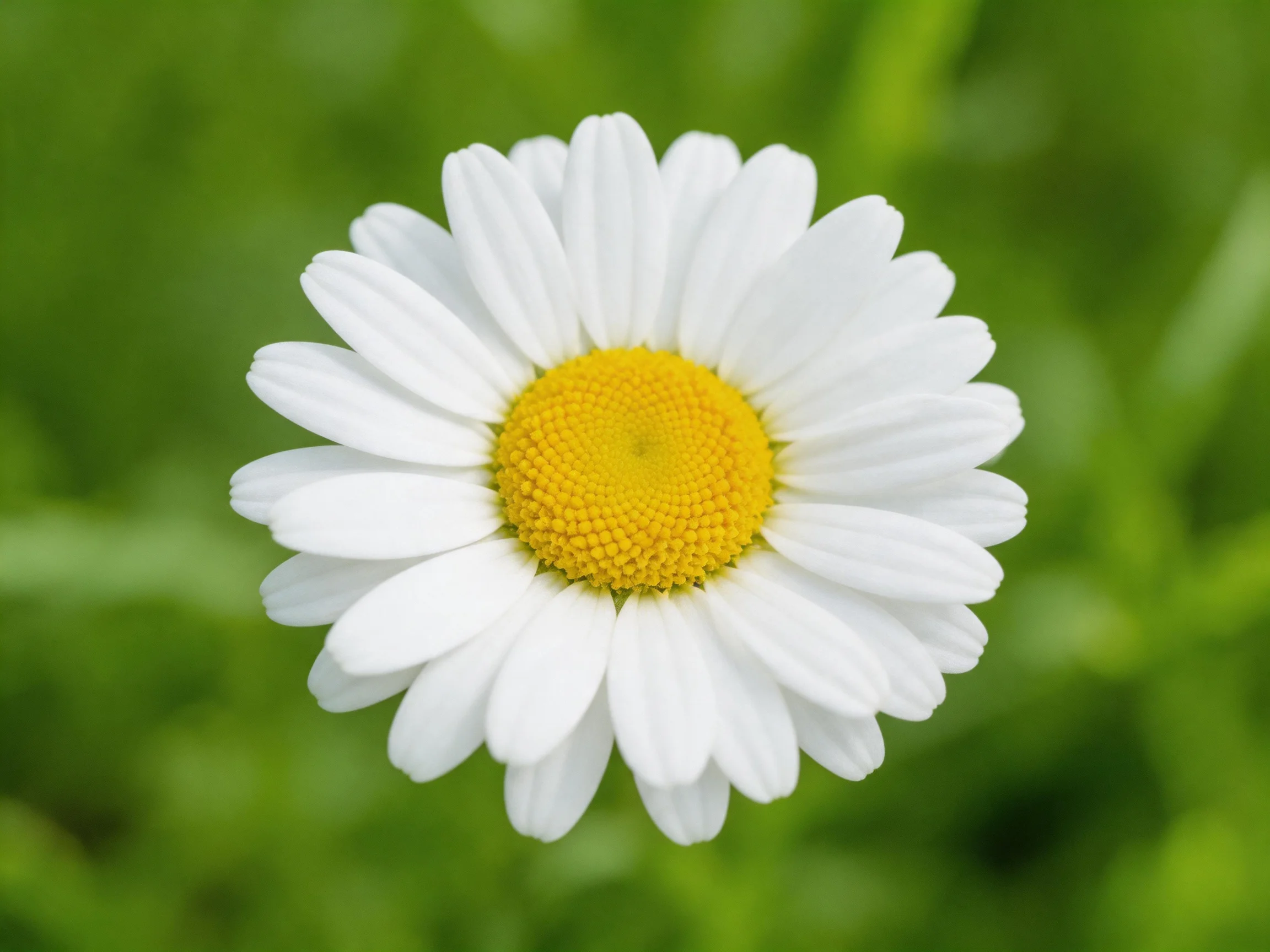 A single daisy with white petals and a bright yellow center amid green foliage
