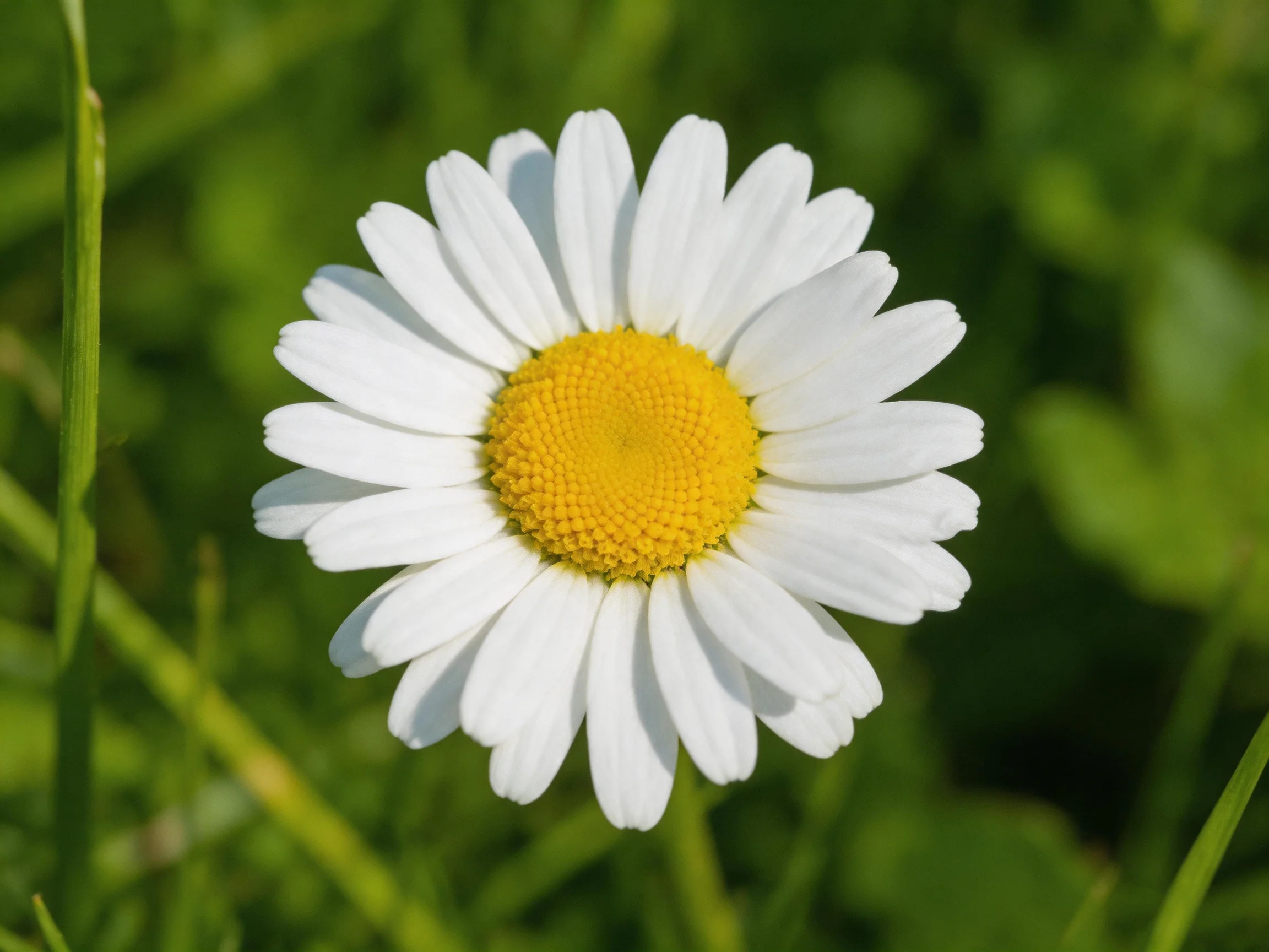A single daisy with white petals and bright yellow center