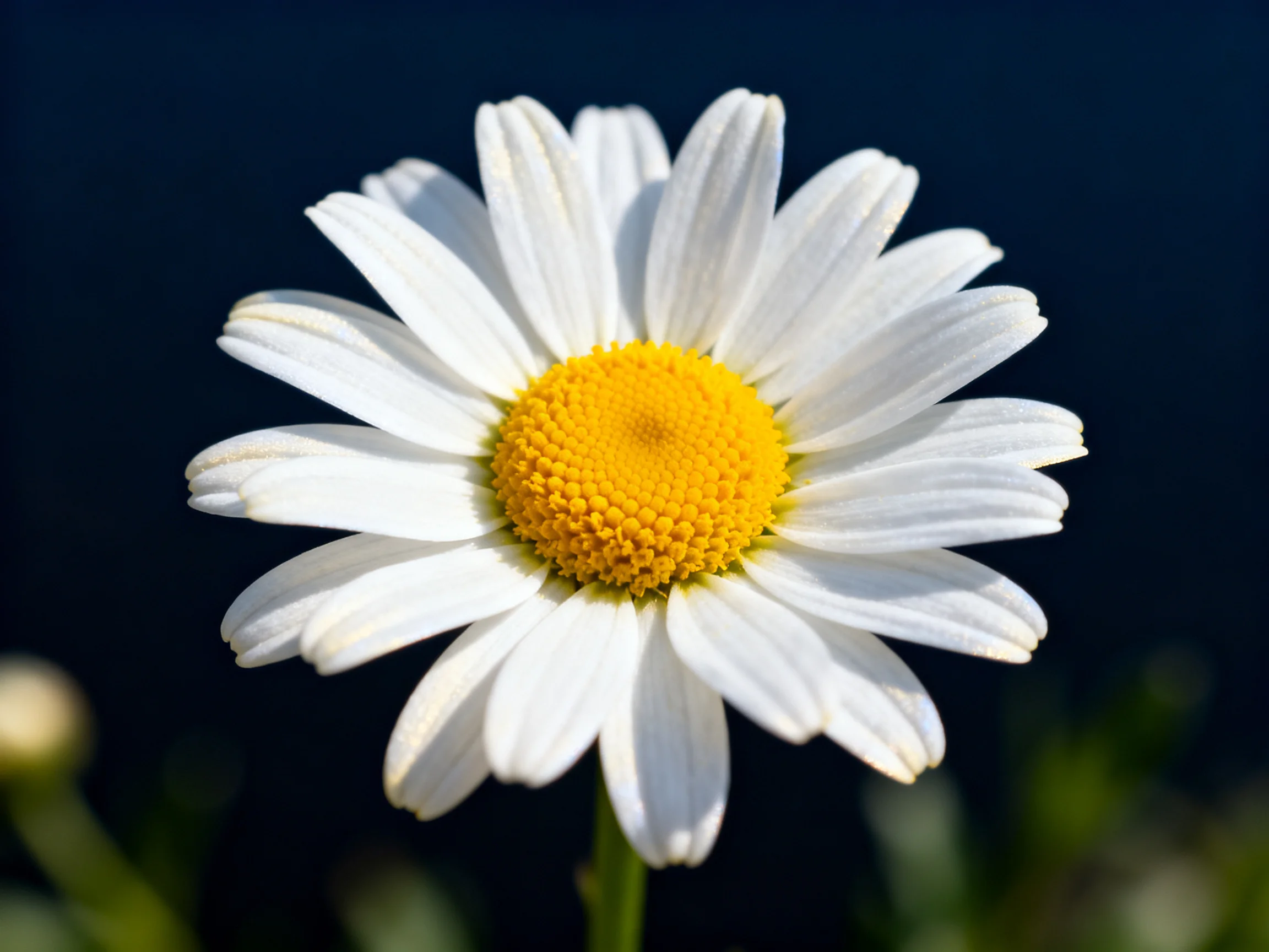 A single daisy with white petals and bright yellow center