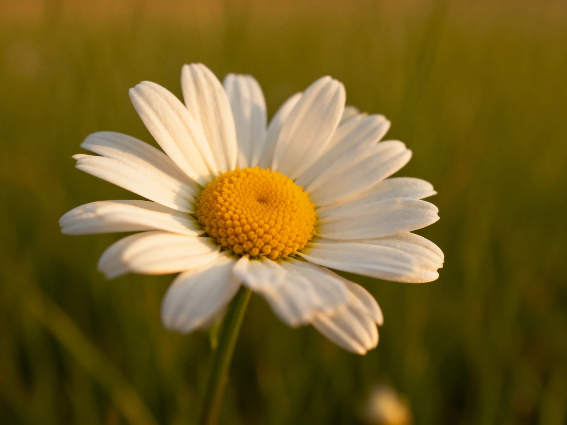 A single daisy with white petals and golden center in a green field