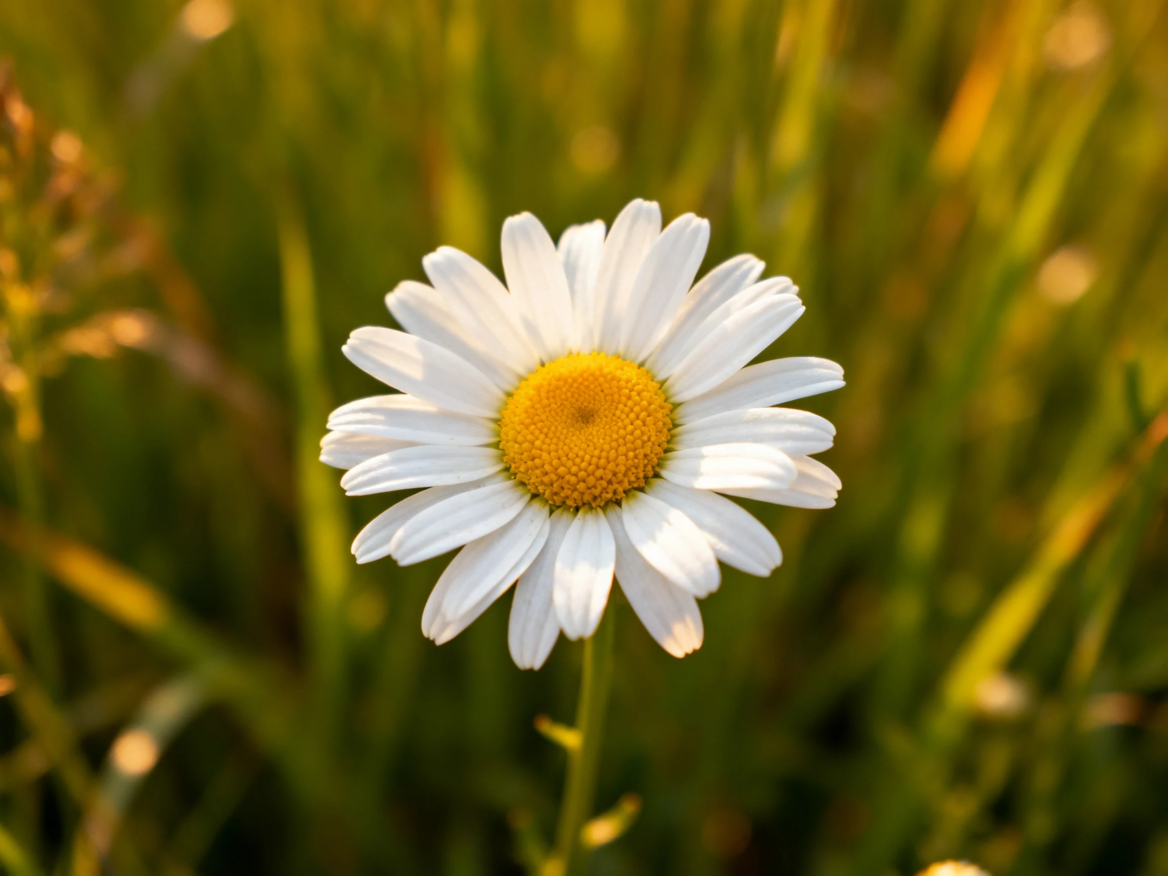 A single daisy with white petals and yellow center amid tall green grass
