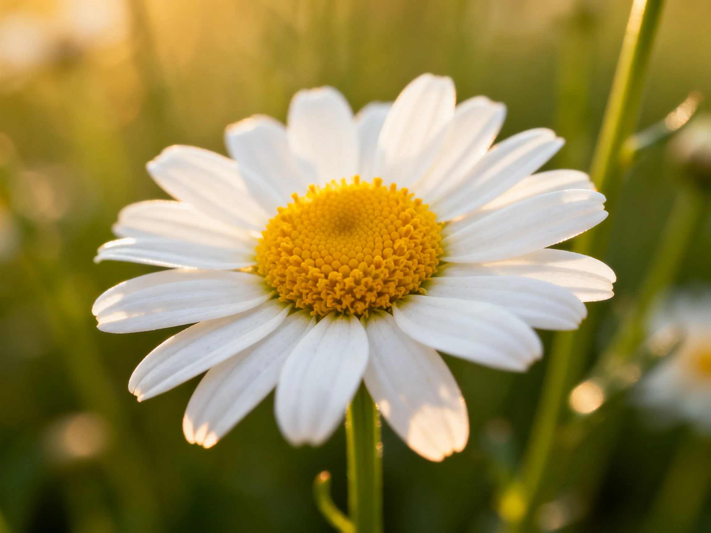 A single daisy with white petals and yellow center