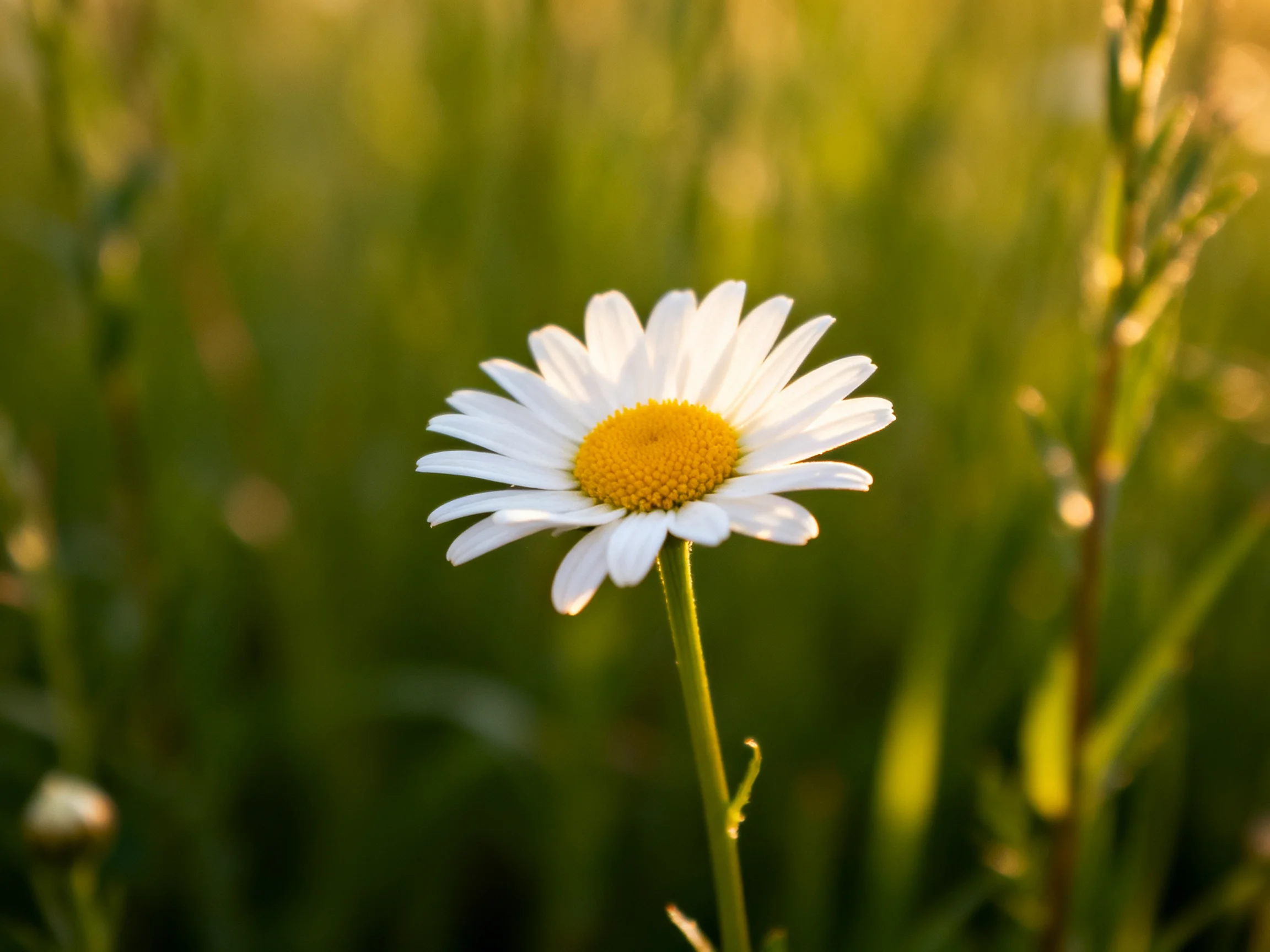 A single daisy with white petals and yellow center in a field of tall green grass
