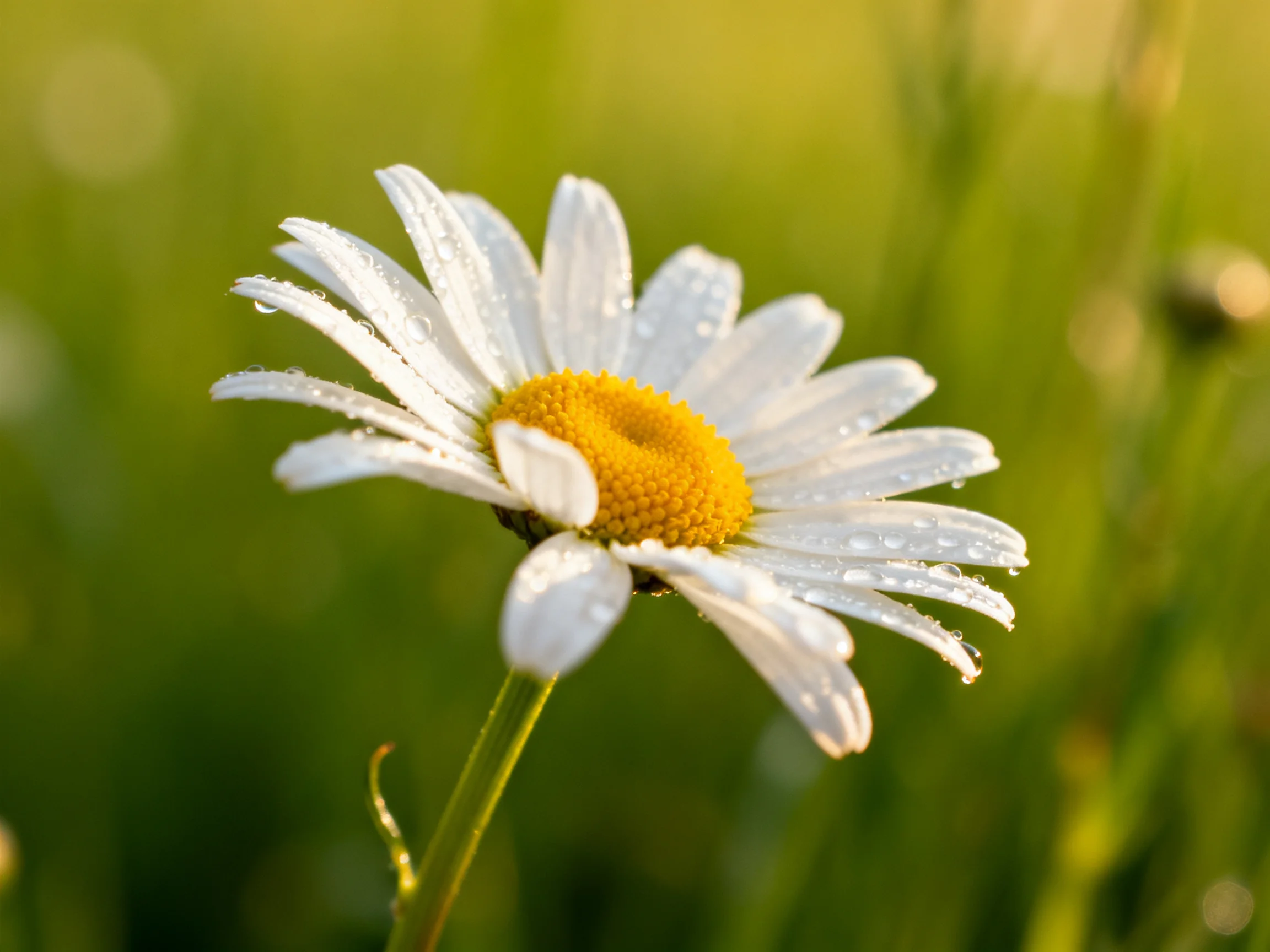 A single daisy with white petals and yellow center in a green field