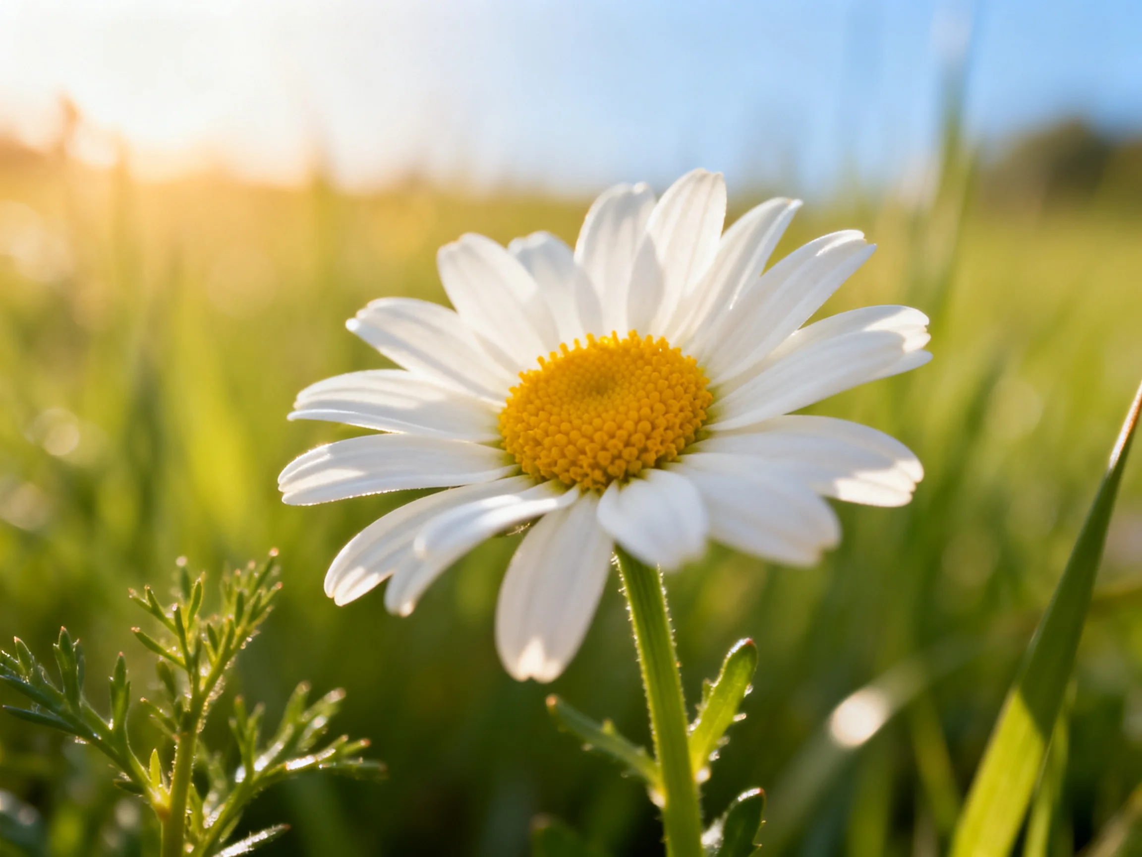 A single daisy with white petals and yellow center in a sunlit meadow