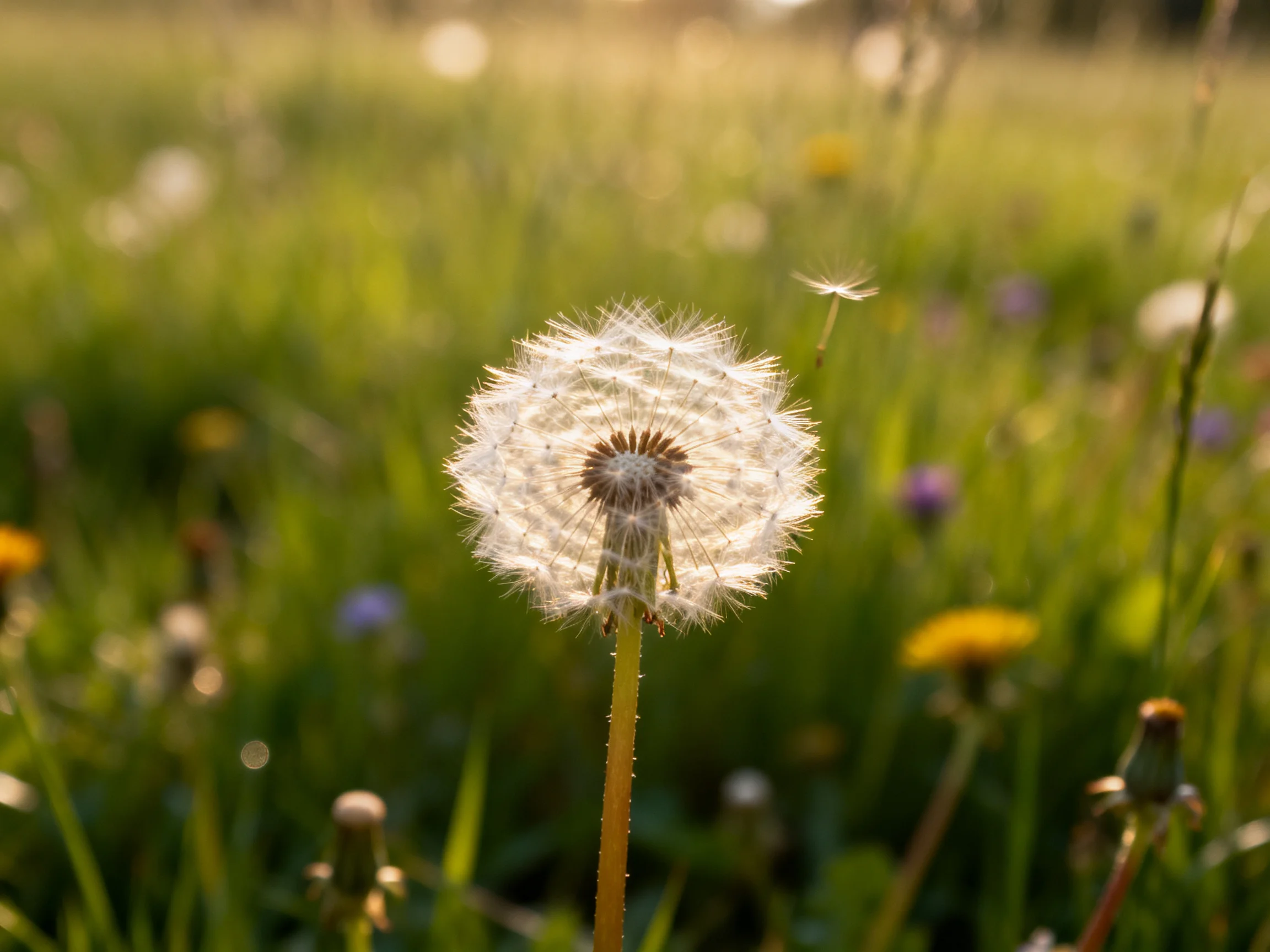 A single dandelion blooms in a sun-dappled meadow
