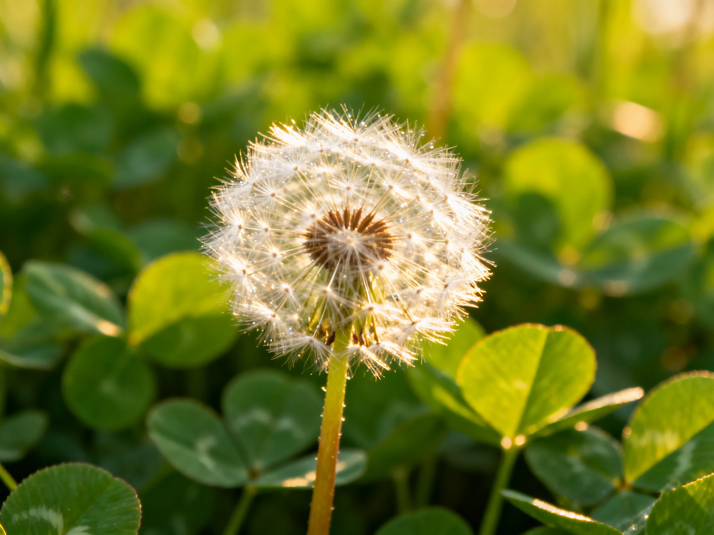 A single dandelion seed head amidst lush green clover in golden sunlight