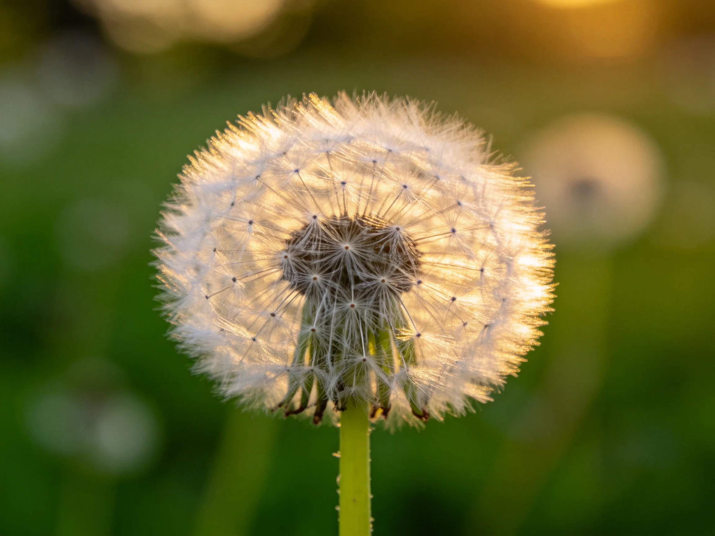 A single dandelion seed head bathed in golden sunlight