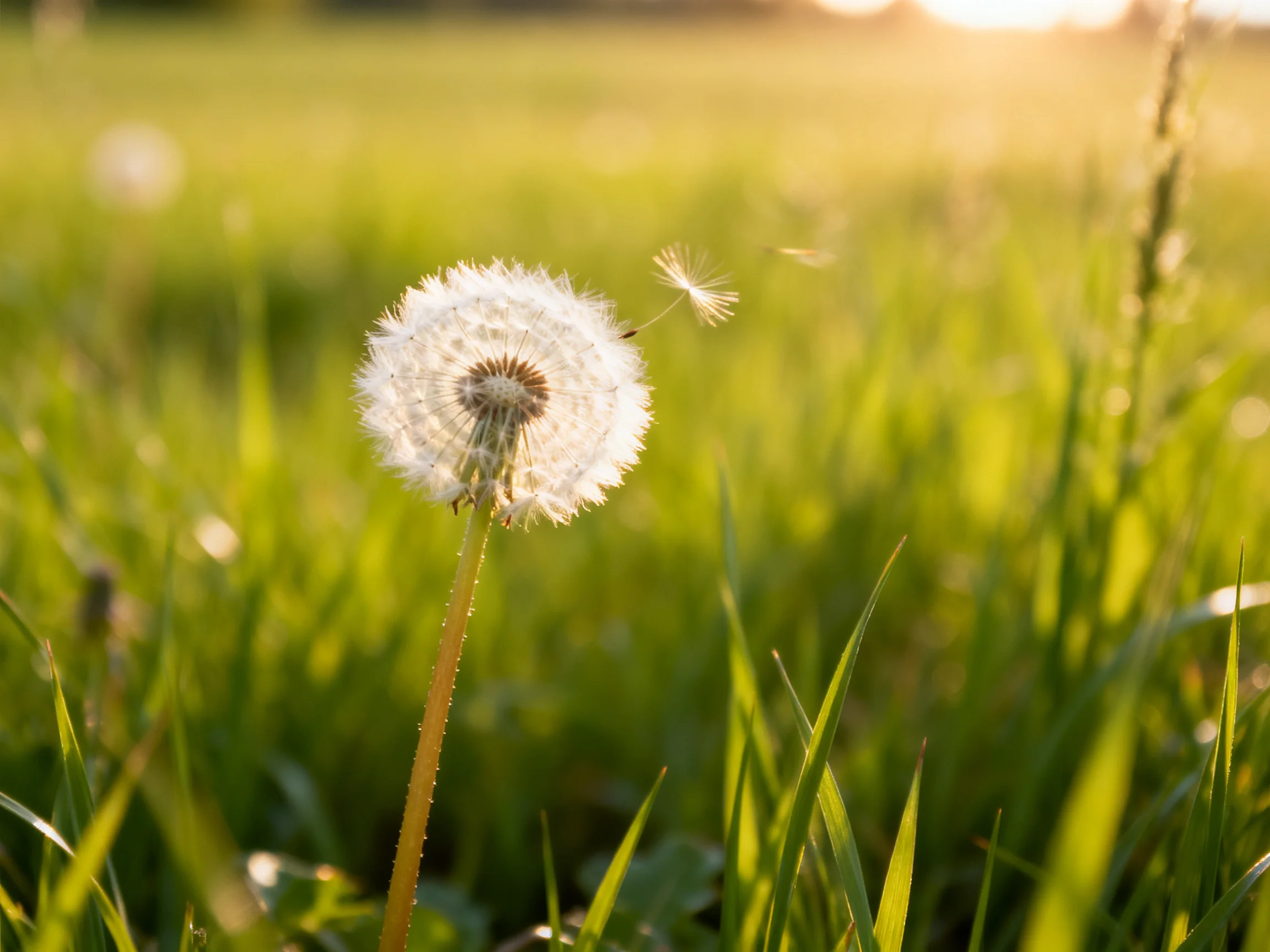 A single dandelion seed head in a sunlit green meadow with floating seeds