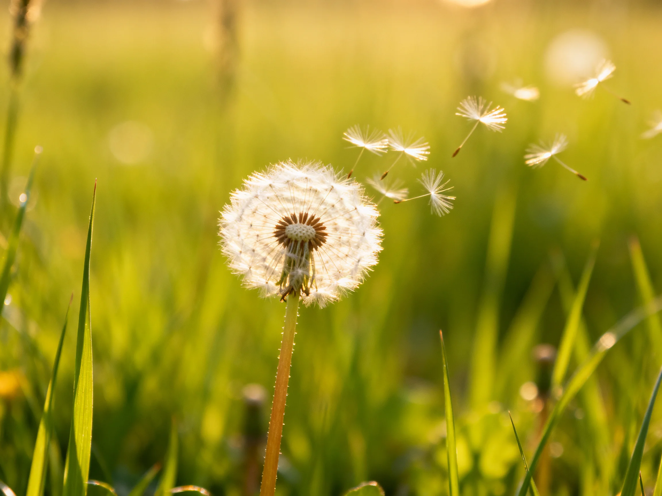 A single dandelion seed head with floating seeds in a sunlit meadow