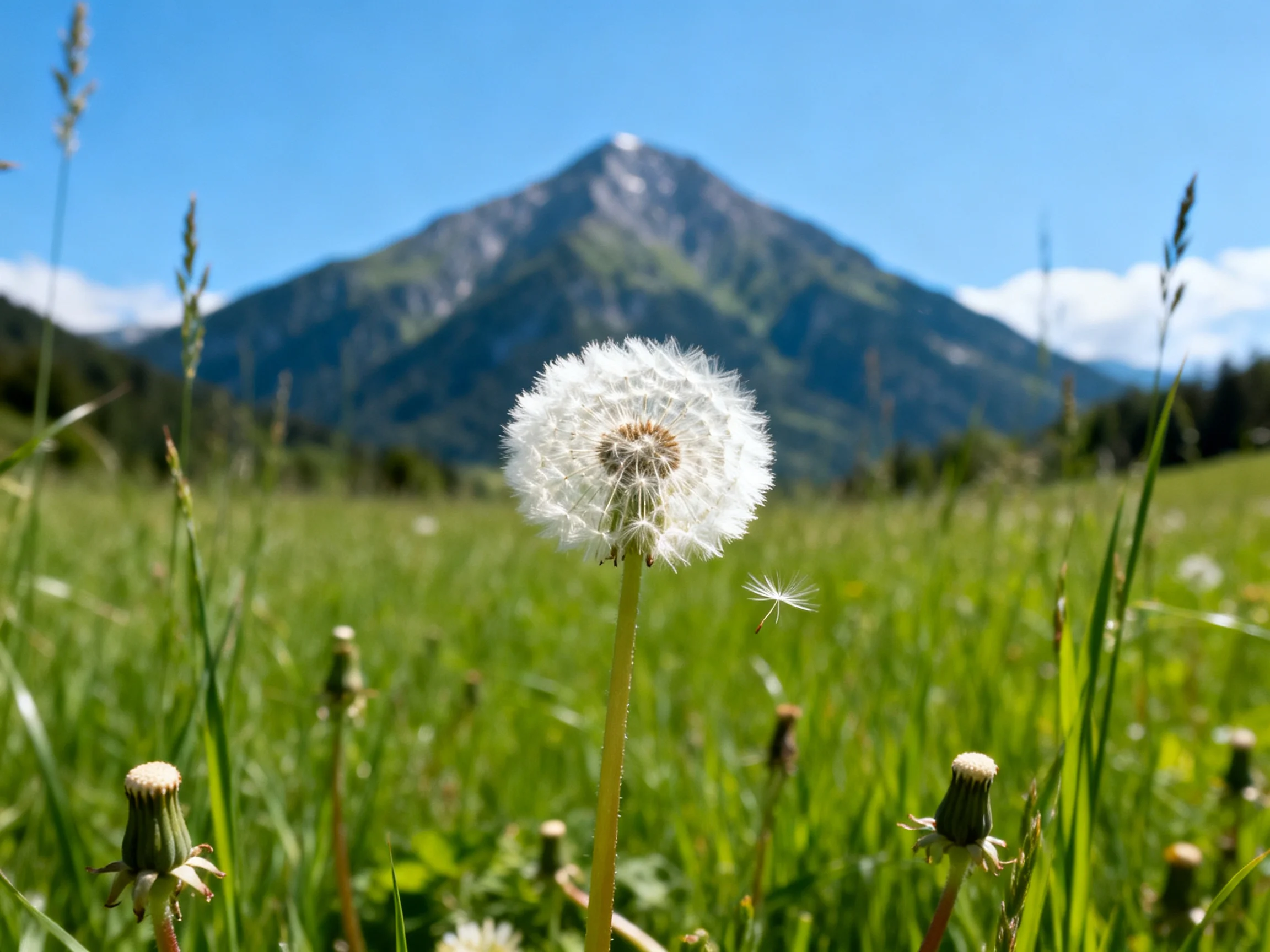 A single dandelion stands in a green meadow with a large mountain in the distance
