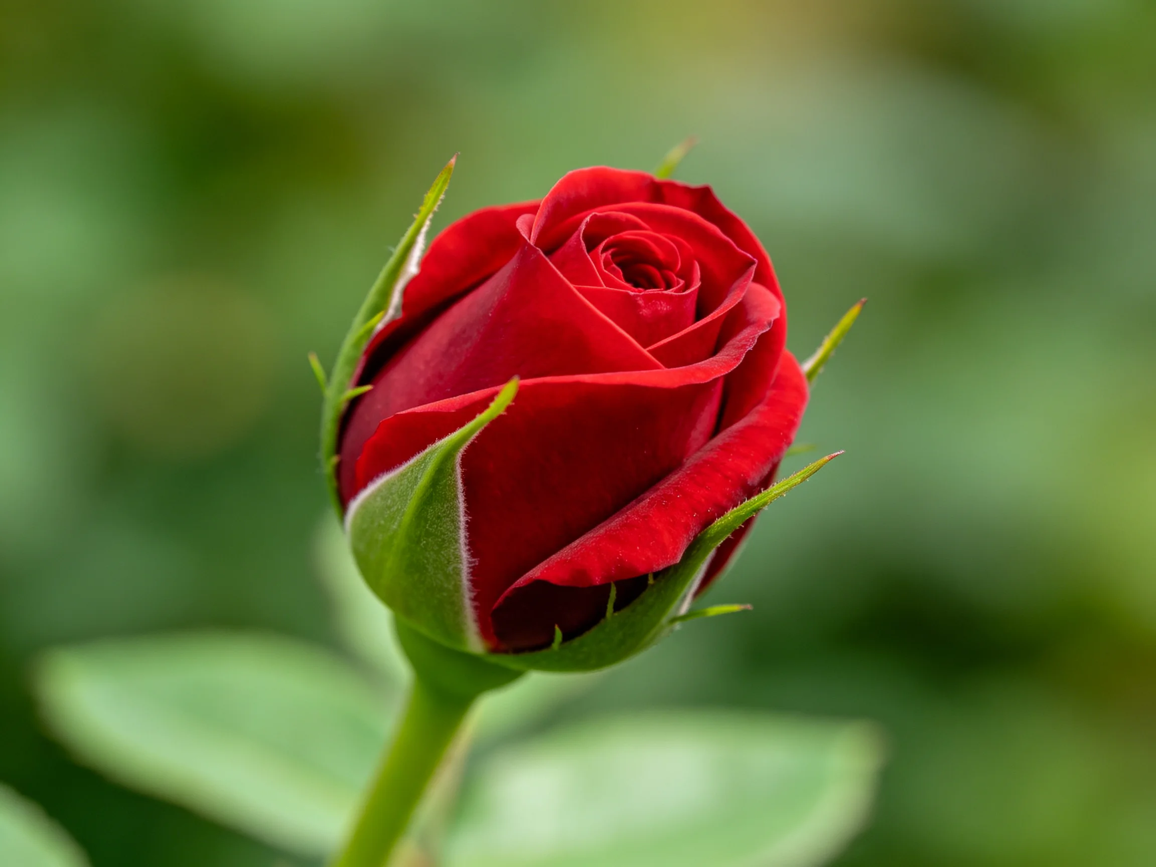 A single deep red rosebud with green foliage and thorns