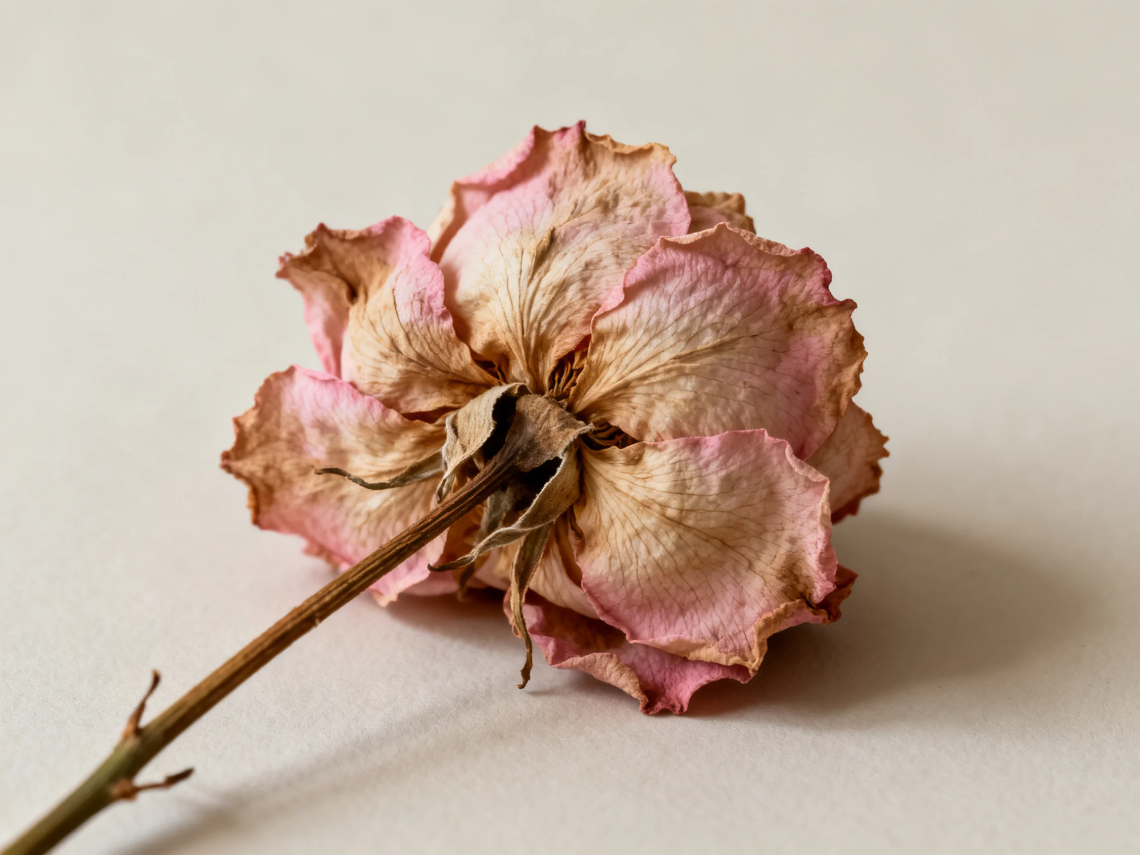 A single dried rose with faded pink and brown petals