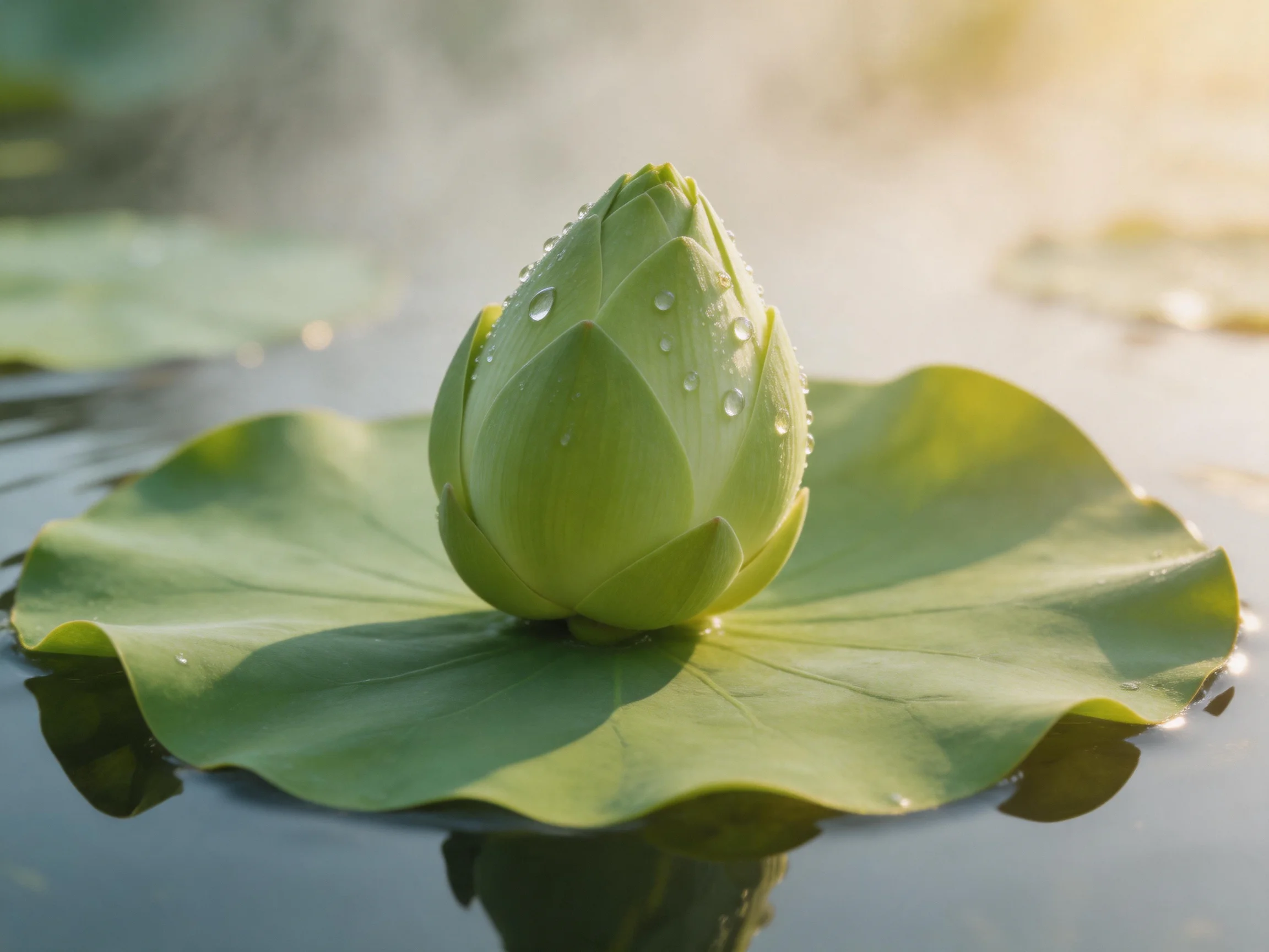 A single green lotus bud on a large lily pad in calm water