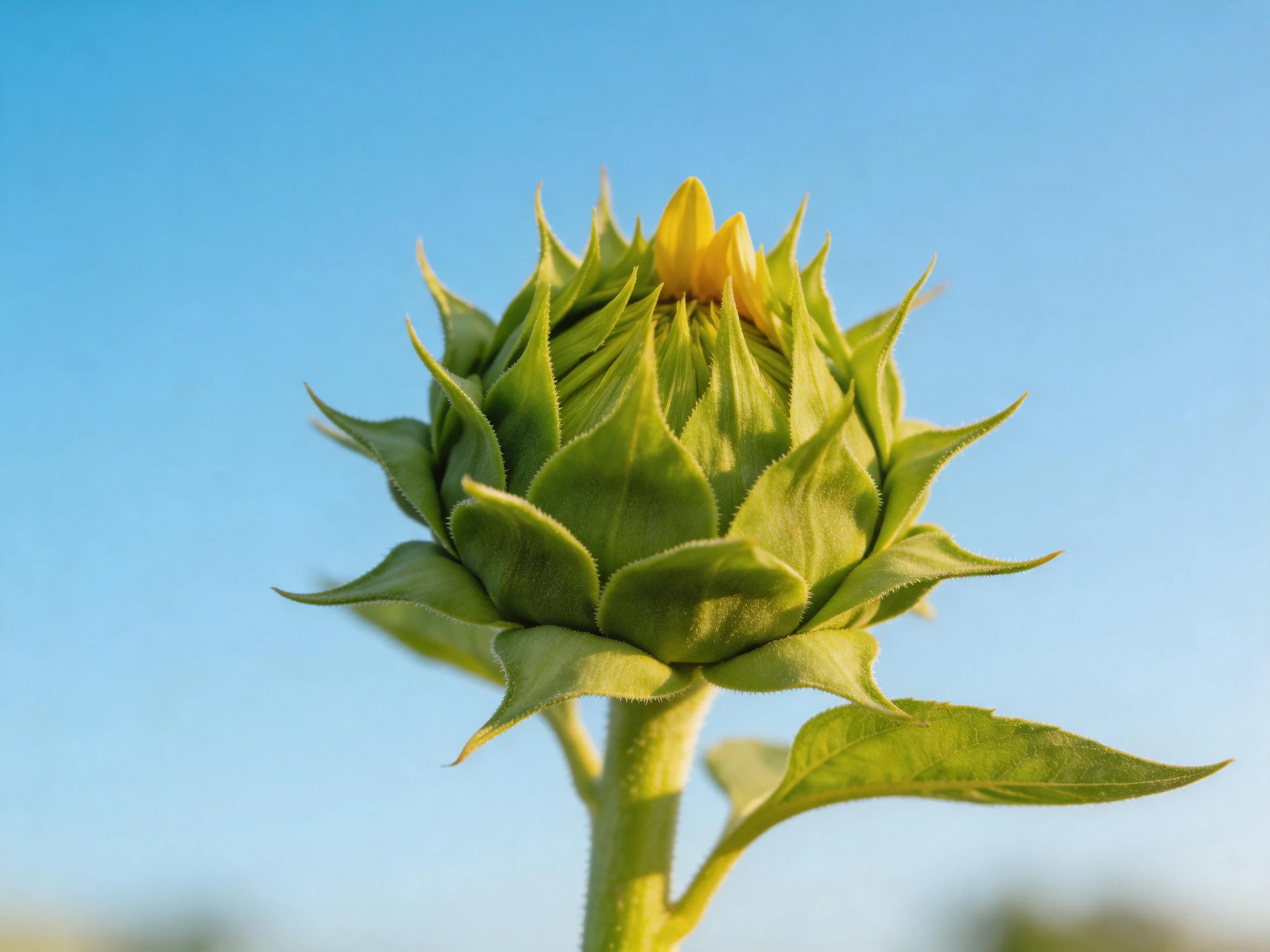 A single green sunflower bud with yellow tip against clear blue sky