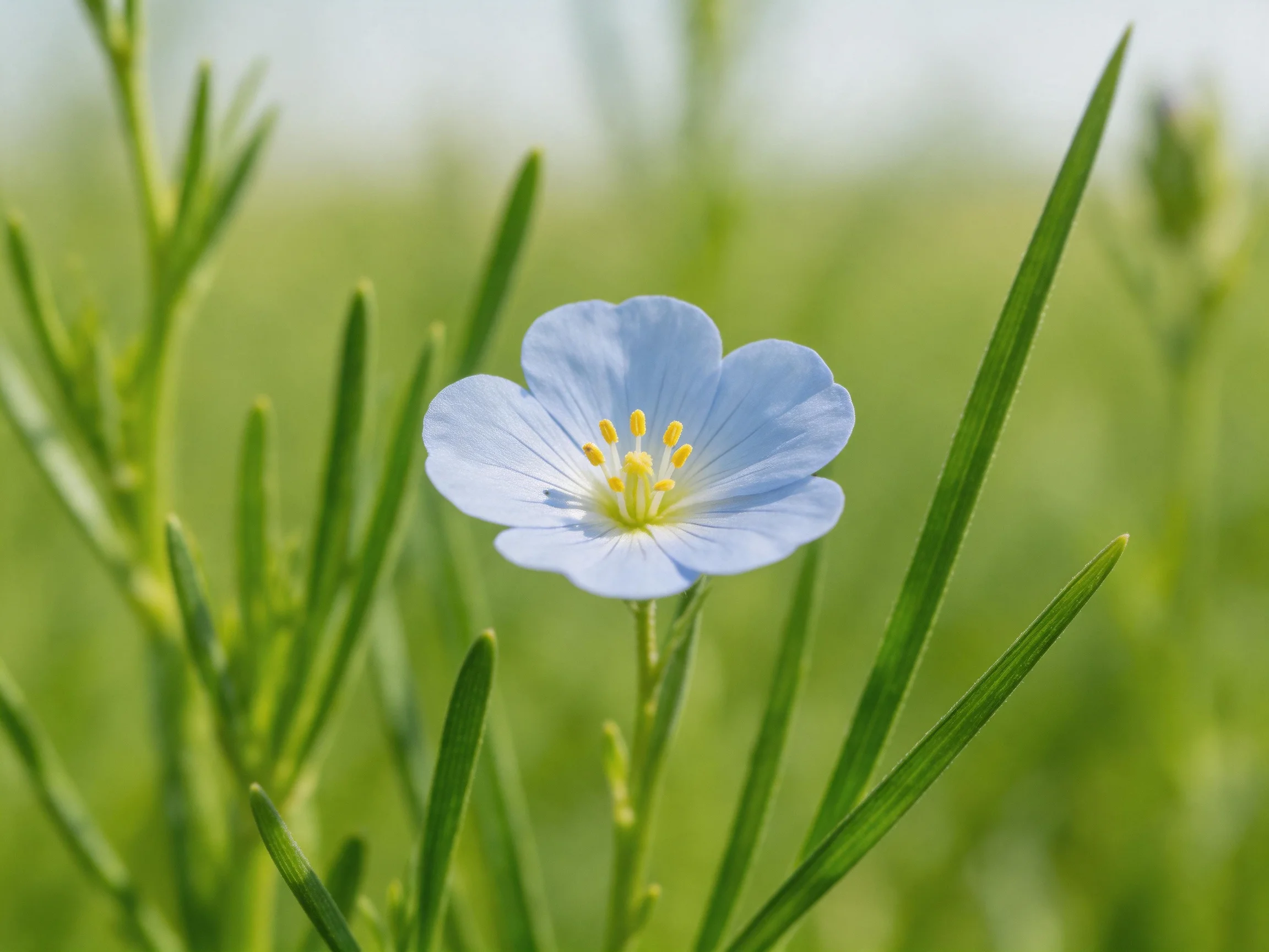 A single light-blue flower amid slender green vegetation