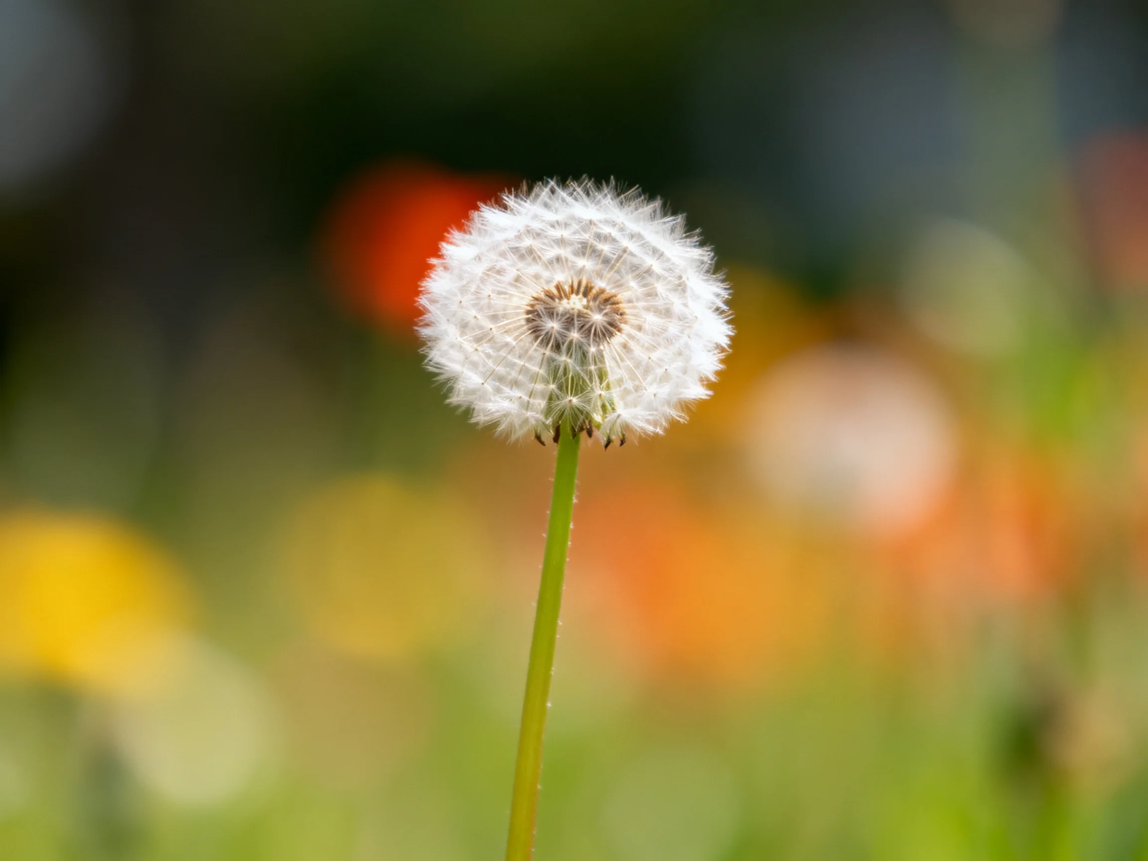 A single mature dandelion seed head against a colorful blurred floral backdrop
