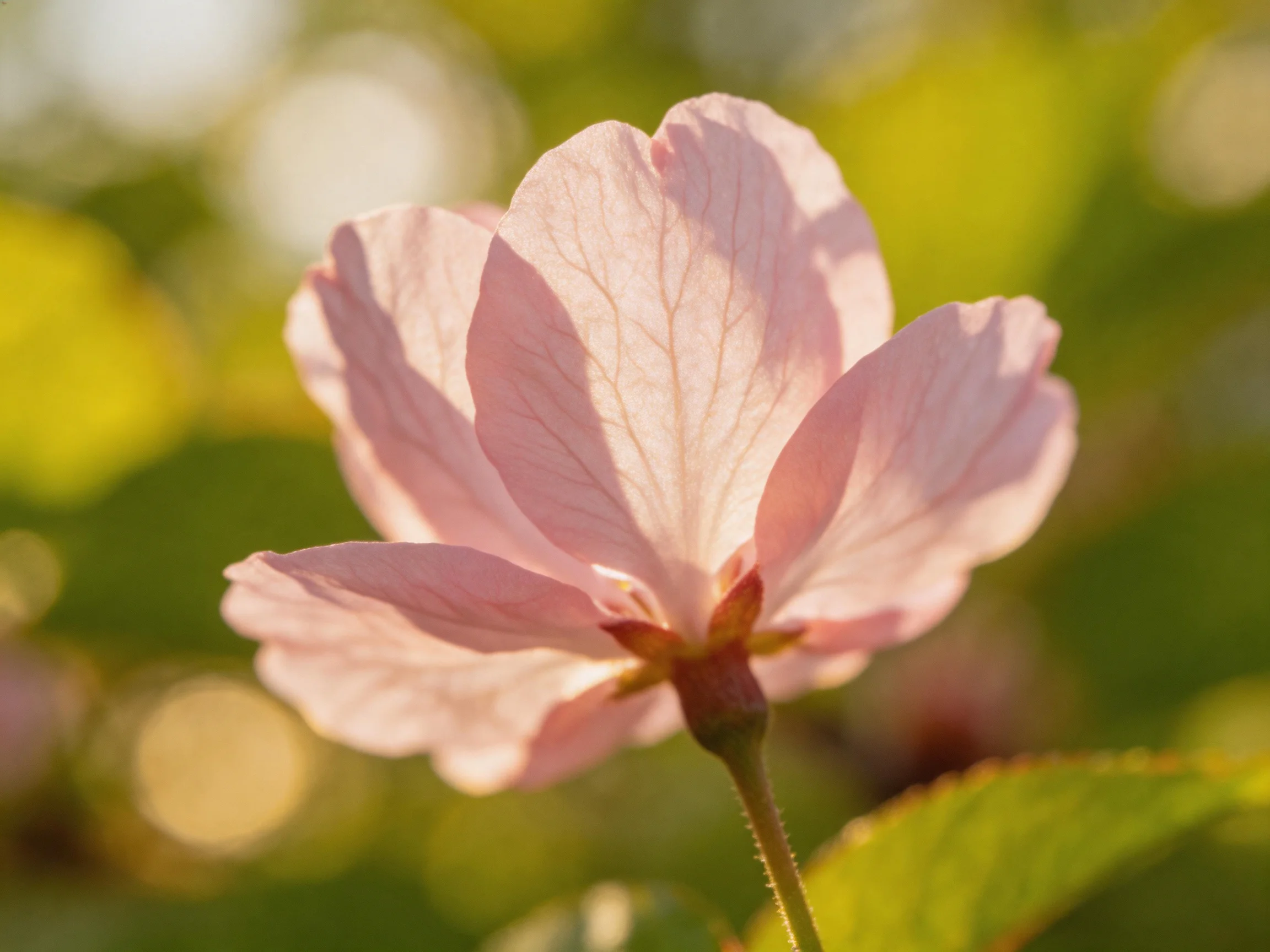 A single pale pink flower with veined petals glows against a blurred green backdrop