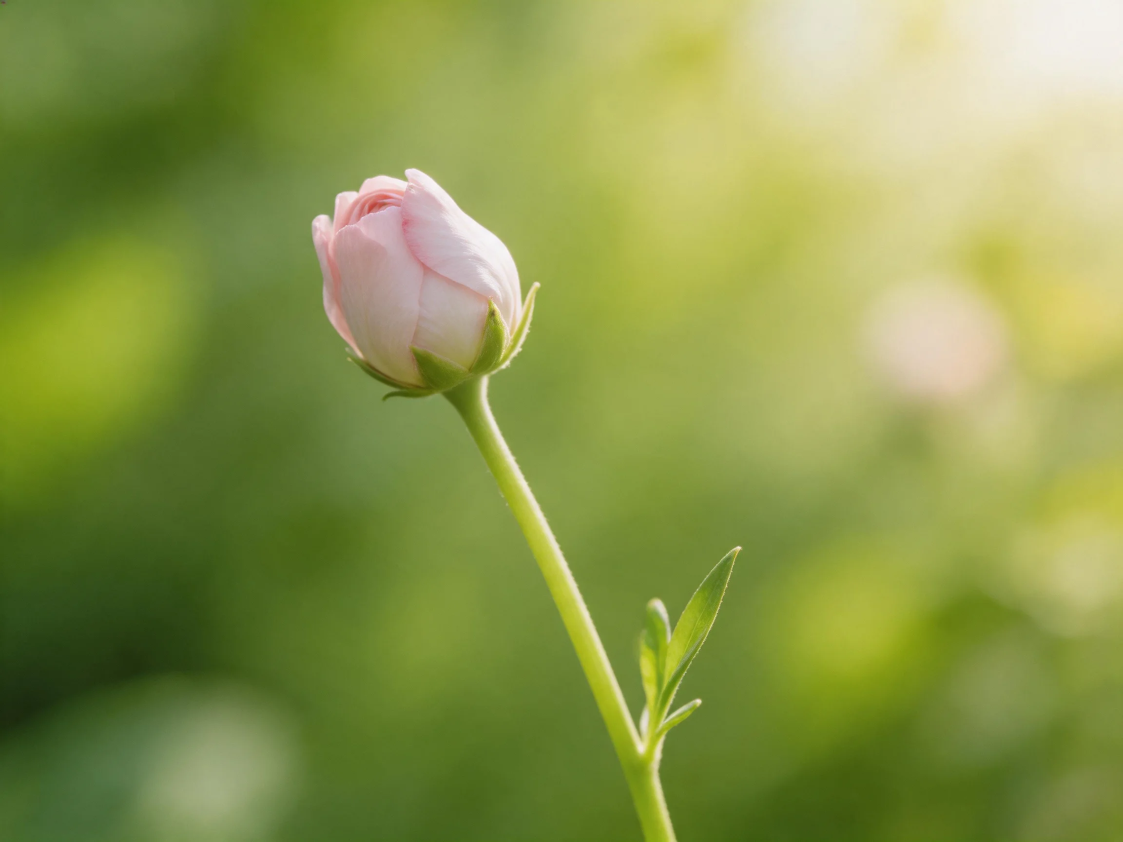 A single pale pink rosebud with a slender green stem amid soft green blur
